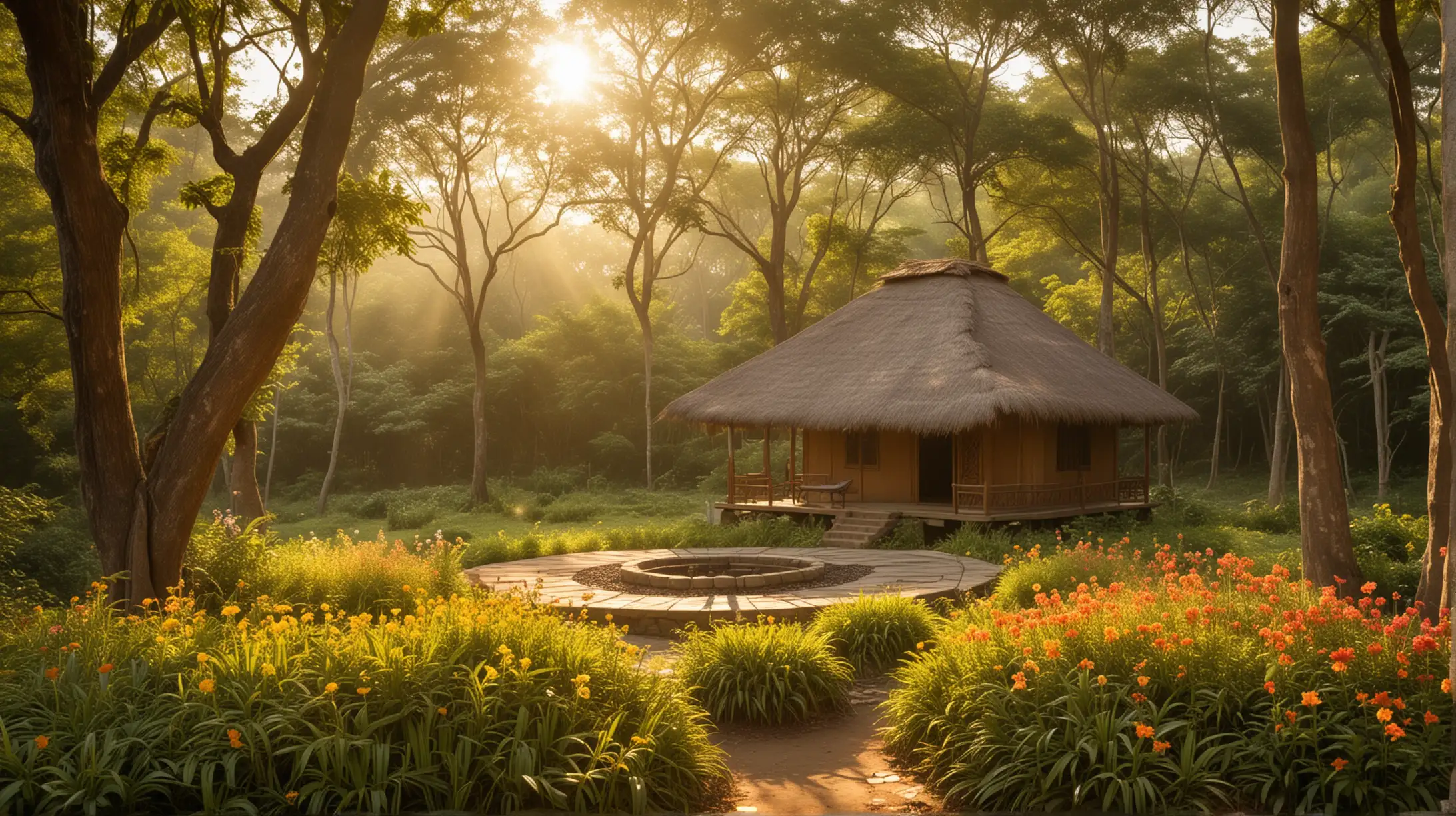 An image of a serene forest clearing, bathed in golden sunlight filtering through the canopy of trees. In the center of the clearing sits a modest yet picturesque ashram, surrounded by lush greenery and colorful flowers. The ashram is constructed of natural materials like wood and thatch, with intricate carvings adorning its facade. Smoke gently rises from a small fire pit nearby, where a group of disciples gathers for morning prayers and meditation.  Birds chirp melodiously, and the sound of a nearby stream adds to the tranquil atmosphere of the ashram.  There is also a beautiful hut