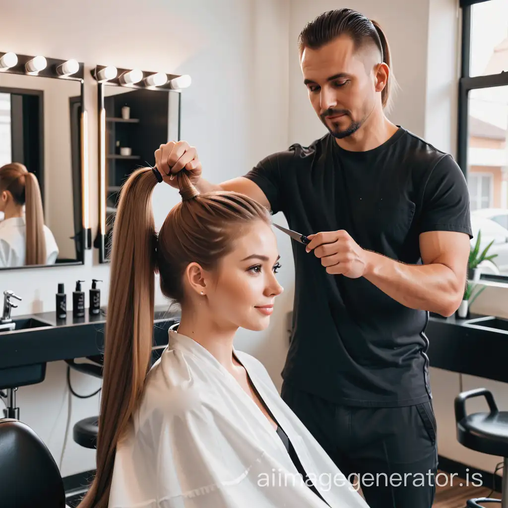 A young woman with a long ponytail sits in a hair salon. She holds her ponytail and a hairstylist is cutting it. The young woman's husband watches approvingly