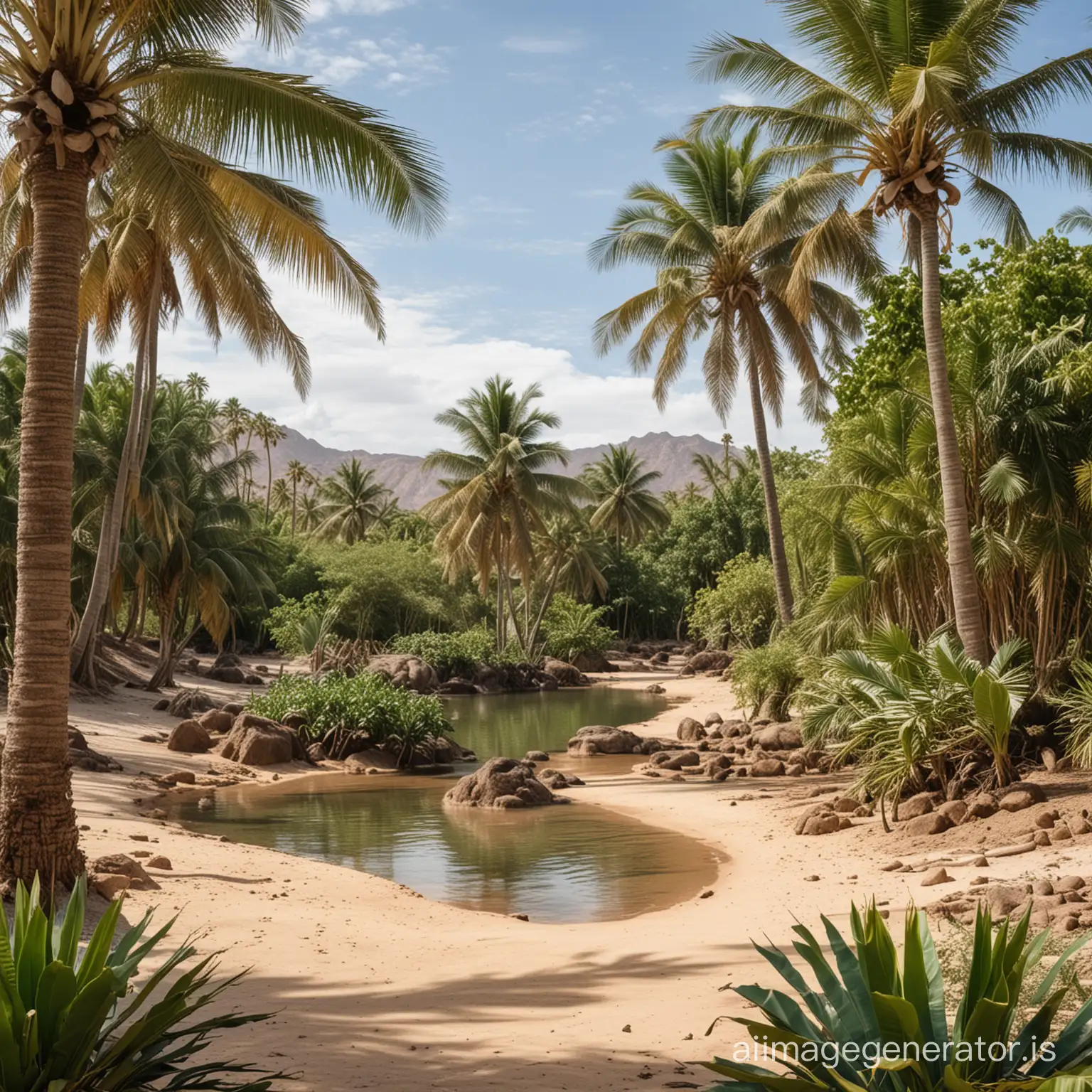 desert with a small oasis and coconut palms and banana trees