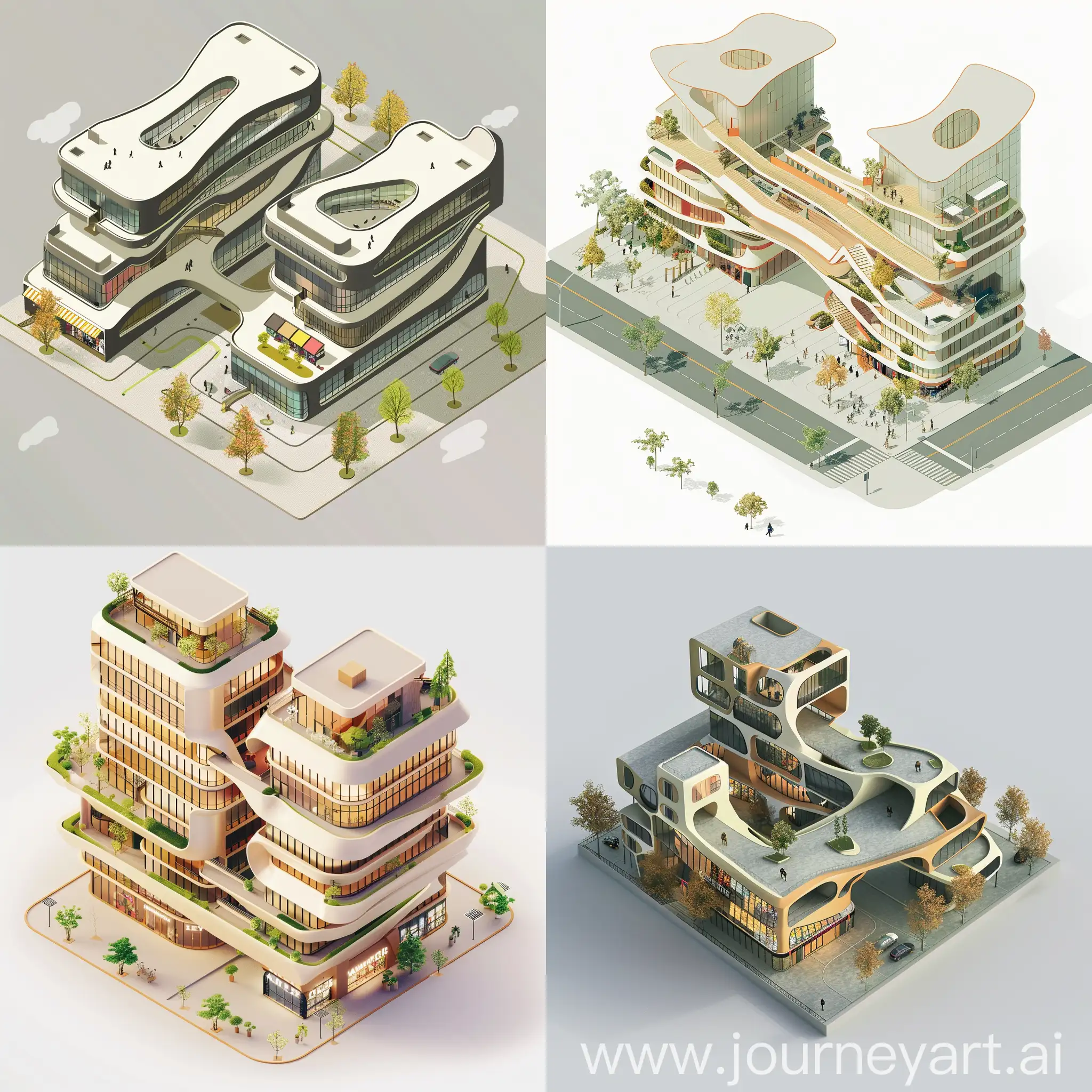Una imagen en isométrico del diseño de  un edificio híbrido, que sean planta baja de comercio, y 2 edificios, al estilo moderno que una los edificios con puenws, que tenga forma organica