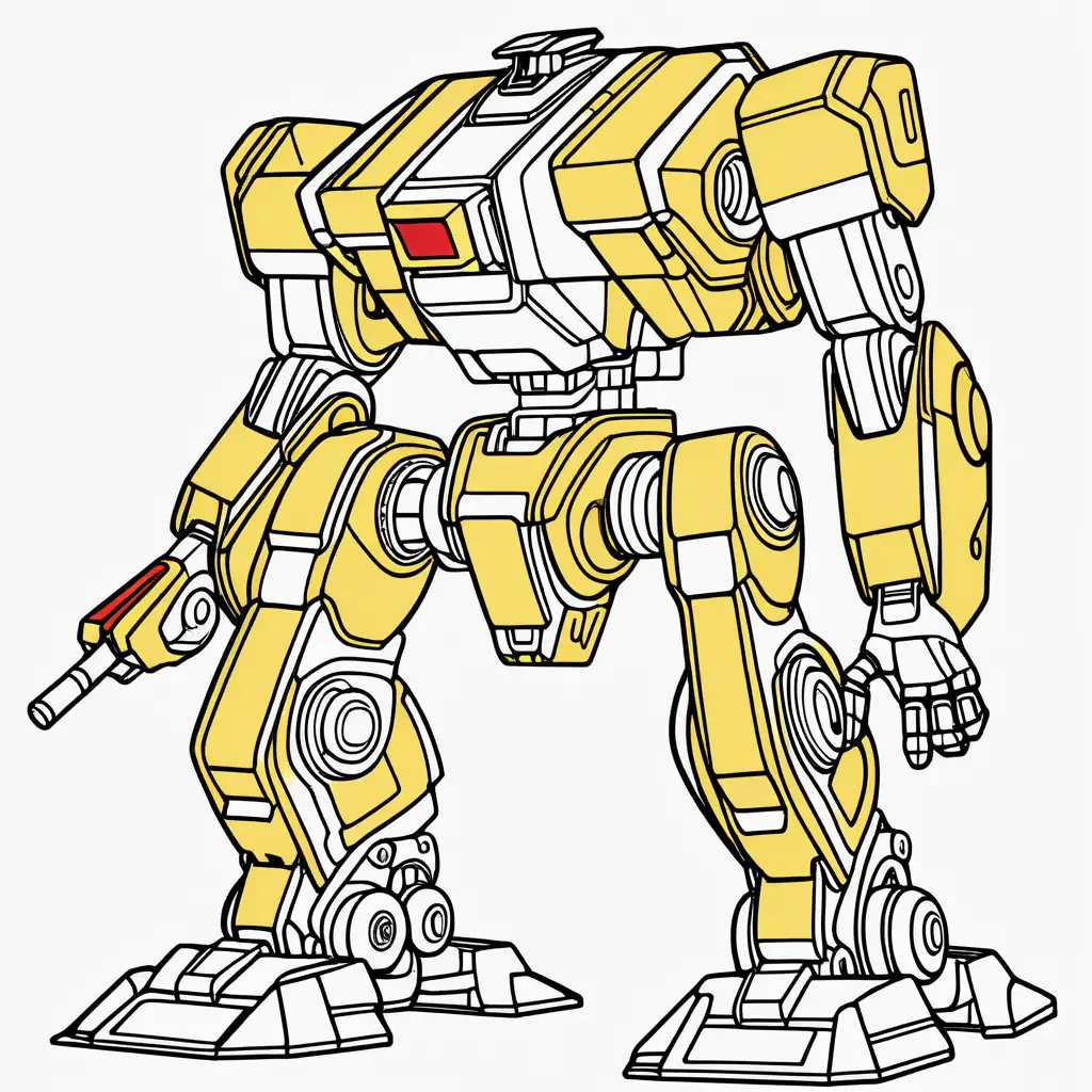 create a mech coloring page for kids, thick lines, no shading, low detail, colored in with yellow and red