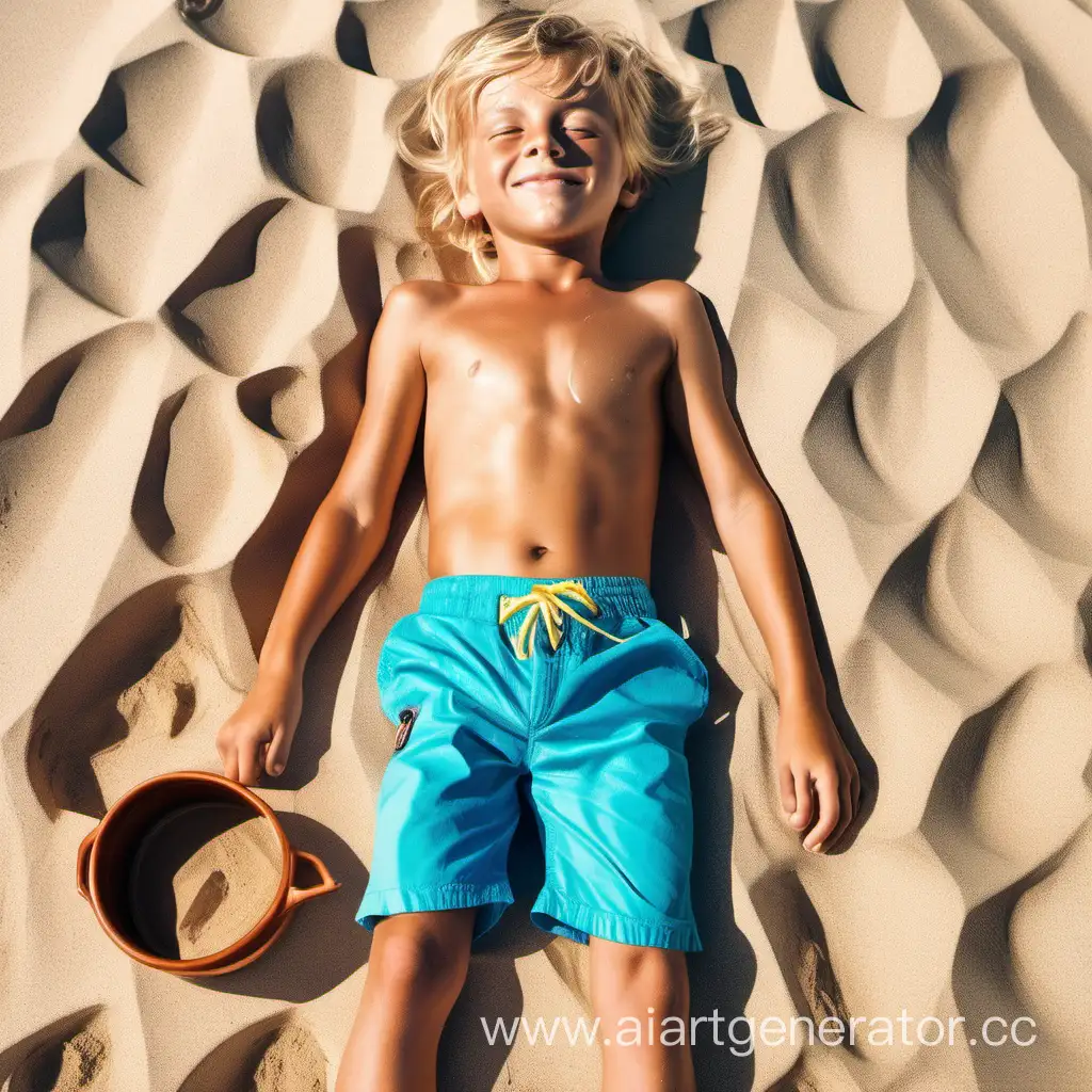 A (((young blonde boy))) with a sun-kissed complexion, lying comfortably on a (((beach))), soaking up the warmth of a (sunny afternoon sun) for a perfect, gradual tan across his face, torso, and limbs