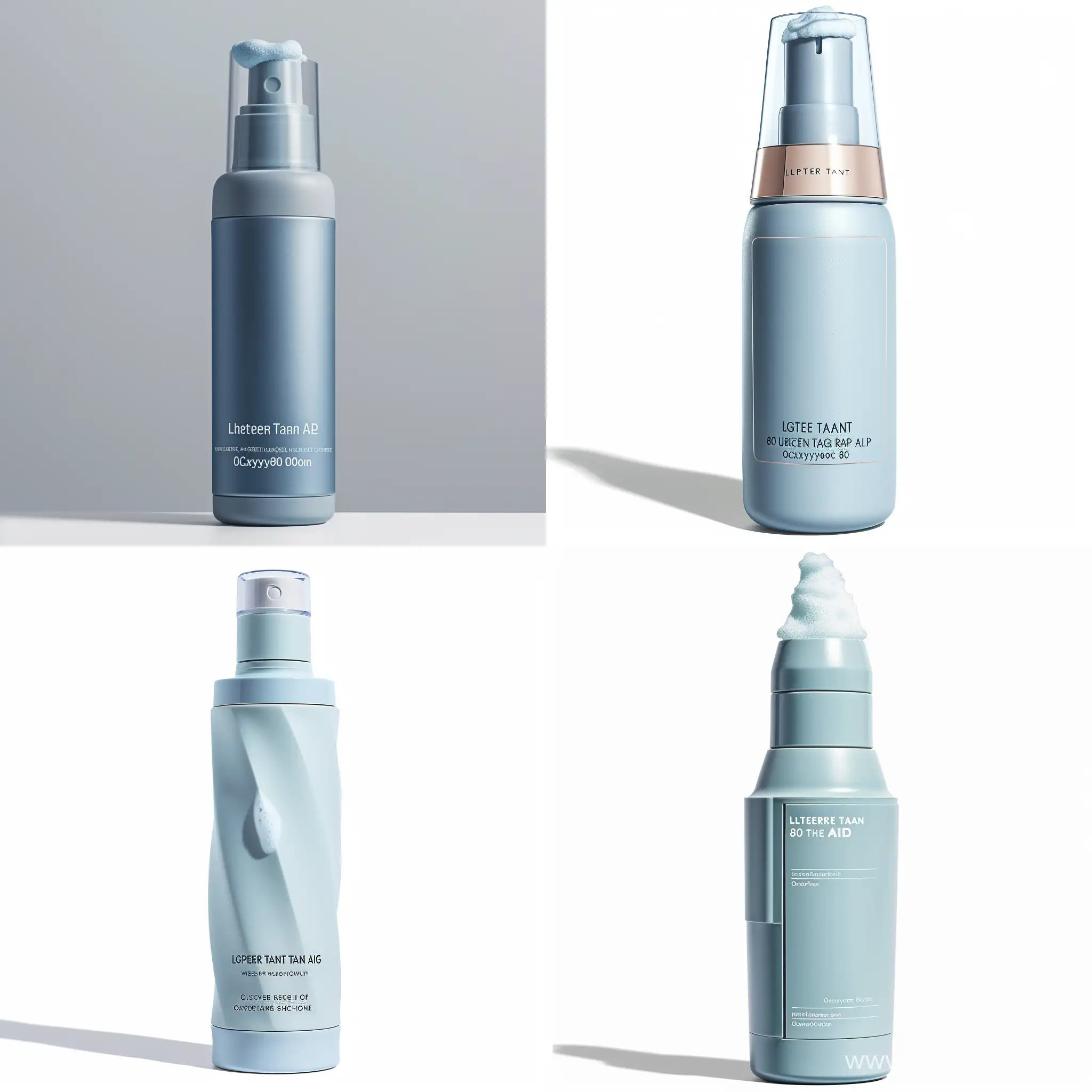 imagine a sleek, pale blue bottle with a modern design. The bottle should have a dispenser for easy and controlled dispensing of the foam. The label on the bottle  "Lighter-Than-Air" texture, "Water-Resistant (80 minutes)," and being "Oxybenzone 
