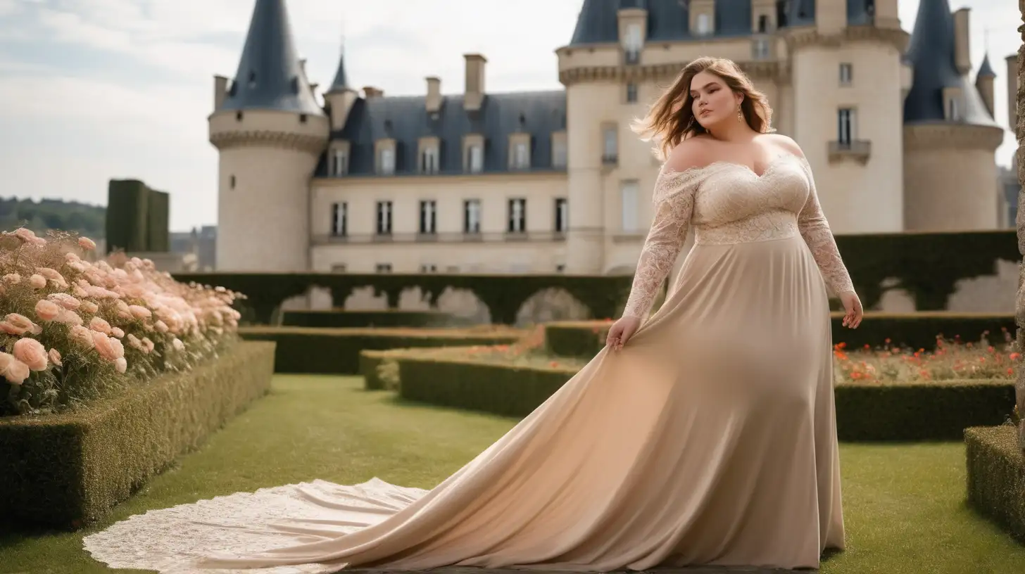 beautiful, sensual, classy elegant plus size model wearing a long lace latte color gown with a slightly flared skirt, lace latte color long slightly skirt, fitted latte bodice, off shoulder neck, long fitted sleeves, empire defined waistline with a waistband tonal to the dress, slight romantic smile, hair is flowing in the wind, luxury photoshoot inside a castle in France, flowers in the background