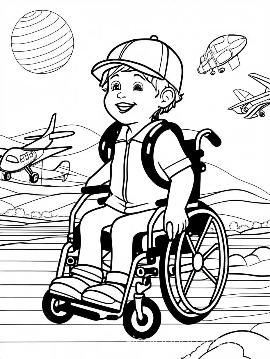 kids in the wheelchair with no feet and had airplane hat, Coloring Page, black and white, line art, white background, Simplicity, Ample White Space. The background of the coloring page is plain white to make it easy for young children to color within the lines. The outlines of all the subjects are easy to distinguish, making it simple for kids to color without too much difficulty