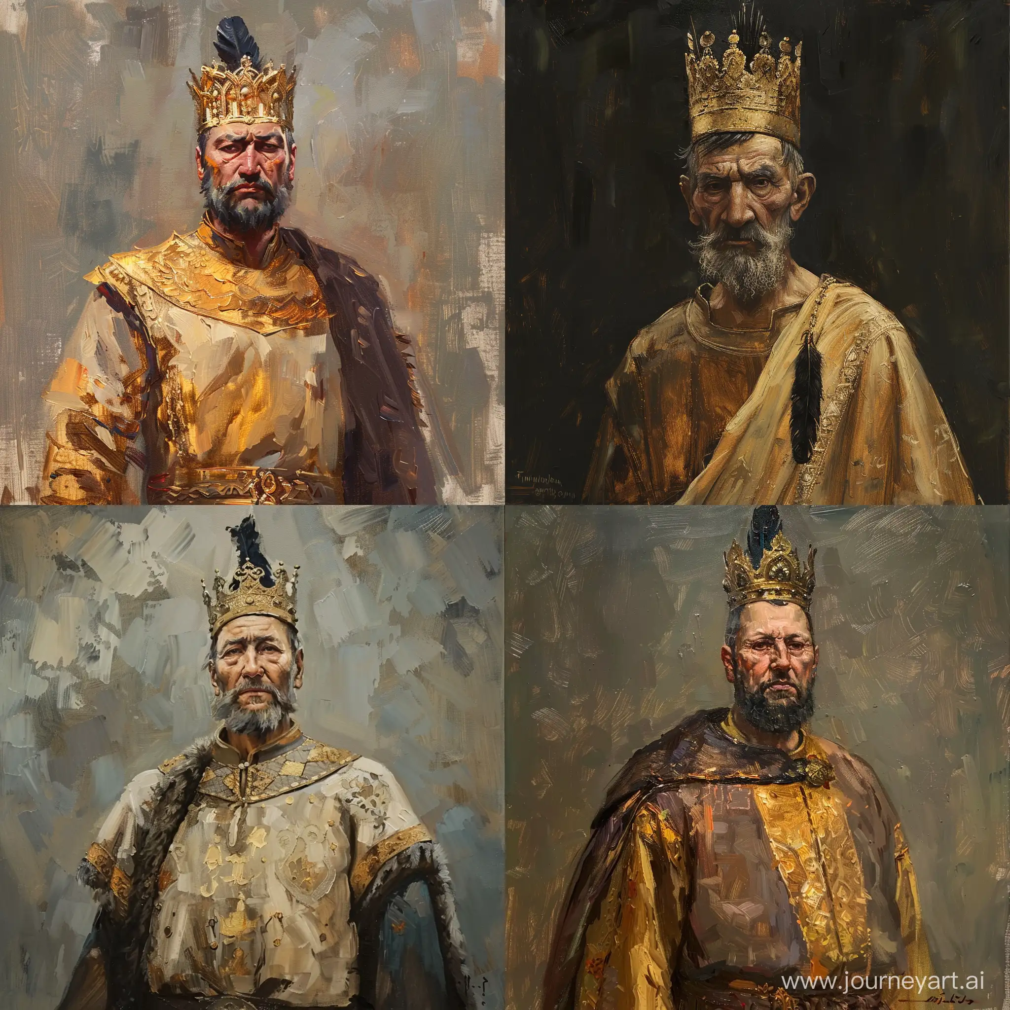 Oil painting of 60 years old Timur standing tall. Founder of Timurid Empire. Turko-Mongol genetics. Prominent face, high cheekbone, shaped short beard and Asian monolid slanted eyes. He is wearing a gold crown with a black feather on it. Luxury tunic and a short cloak on it. Oil painting. Brush strikes.