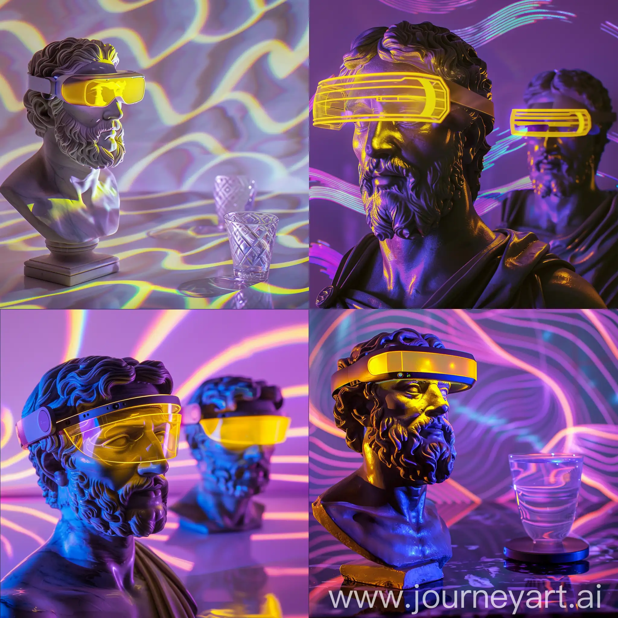 A Sculpture of Greek Philosopher in the Left of Photo, Bust Style, Headshot Pose, VR Glasses on Sculpture Eyes, Yellow Light on Top of Glasses, Purple Light Reflections, Dar Theme, Wave Pattern in Background, Medium Shot, High Quality 
