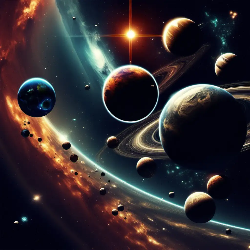 Interstellar Planetscape Spectacular Space Art with Multiple Celestial Bodies