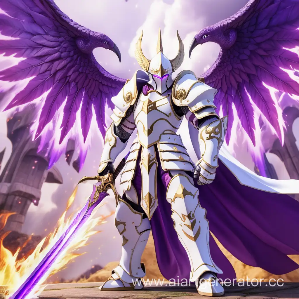 Majestic-White-Armored-Swordsman-Wielding-Purple-Sword-Against-a-Background-of-Ethereal-Flames