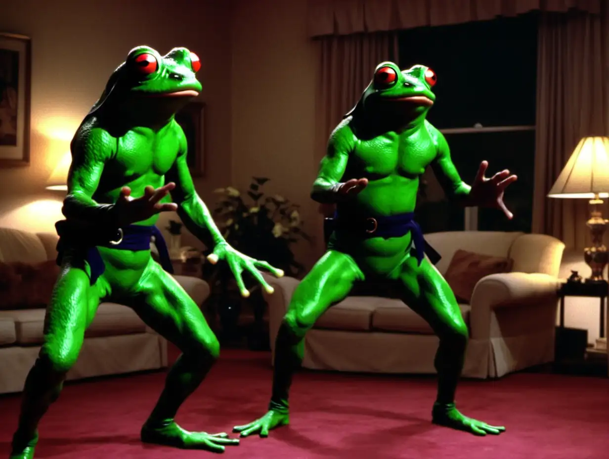 footage from a 1997 action film, real frog ninjas, living room scene, night
