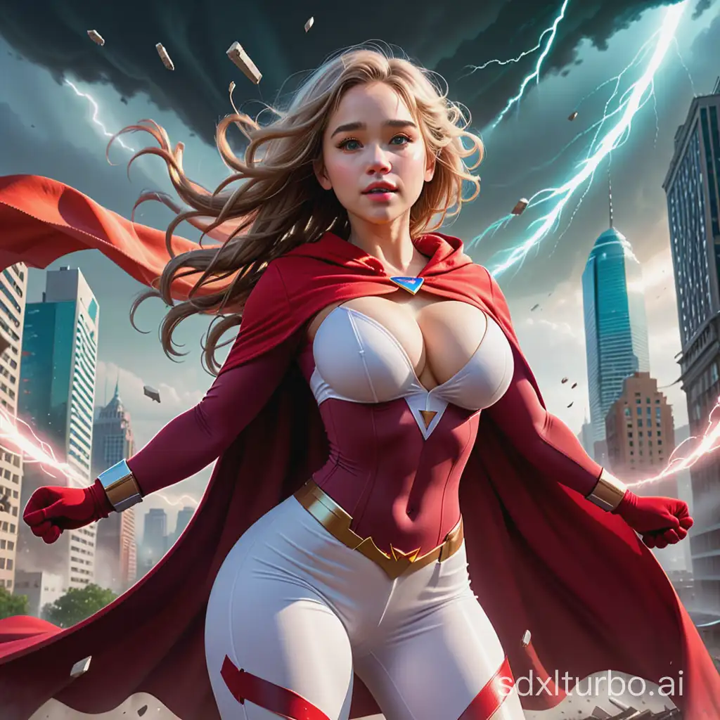 Busty gyaru Emilia Clarke as a super girl,underboob,white tight leggings,red jacket with short sleeves, mittens,view from behind the shoulder from behind,the letter S is depicted on the red cloak from the back,strong wind blows the red cape and hair to the side,hovers above the earth hovered in the air in front of a giant tornado destroying a futuristic city,flashes of lightning, clouds,spinning cars and trees,pieces of buildings and shards of glass circling around the tornado,style raw,slender hips,flat stomach,cute smile,ultrarealistic photograph,professional photograph.