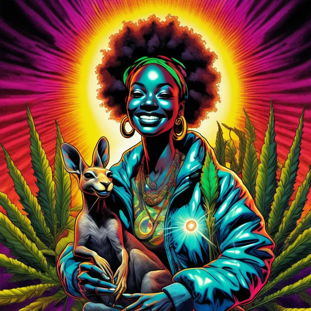 Psychedelic image of a lit weed blunt  lighting a dark area personified as a nubian goddess holding a miniature smiling weed kangaroo wearing a bomber jacket.