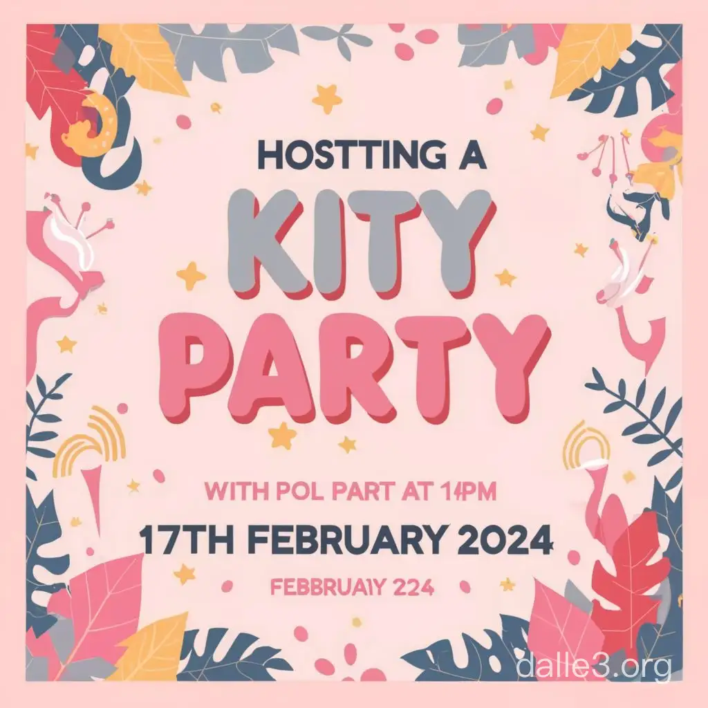Can you create a fun poster for hosting a kitty party with pool party at my house on this Saturday 1pm 17th February 2024