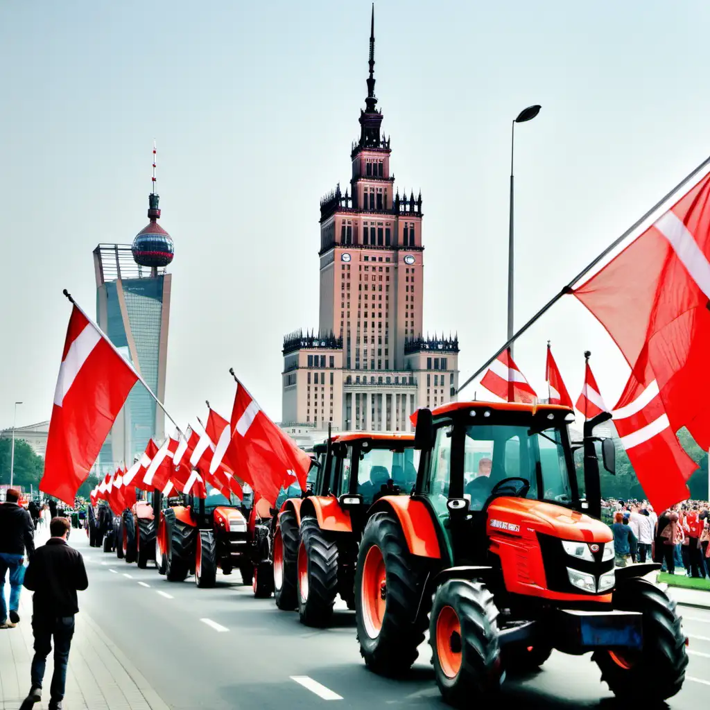 pałac kultury i nauki w warszawie. Protest rolników. Polskie flagi. Kilka traktorów. Z przodu ulica. Na pierwszym planie młody człowiek,