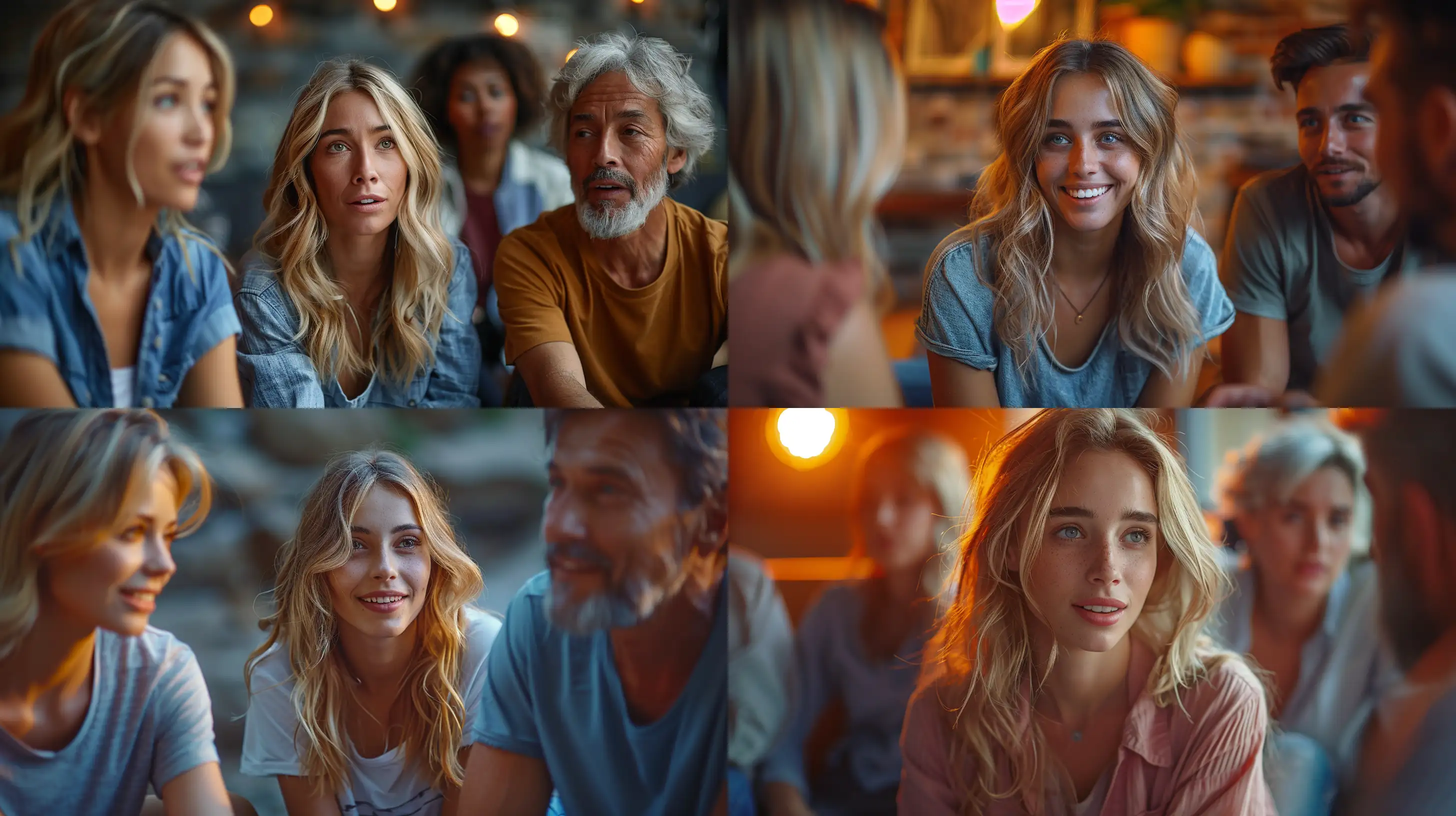 photography of a group of normal people in group therapy, talking to each other in a lighthearted, between 25 and 50 years old, talking, casual shirt and jeans, multicultural, edgy, ultra-realistic, light effect --ar 16:9 --style raw --stylize 750