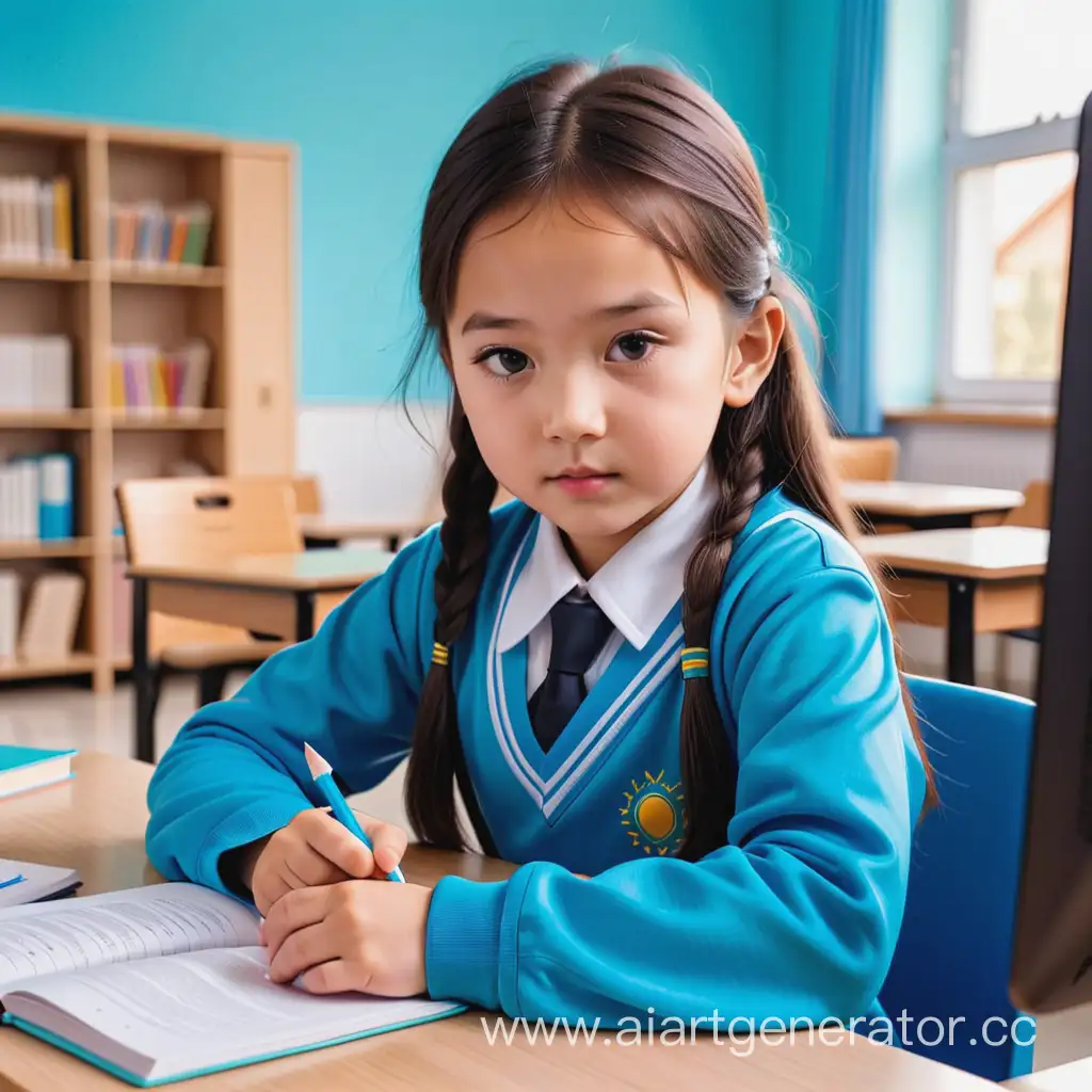 казахский ребенок занимается в школе на компьютере в голубой школьной форме
