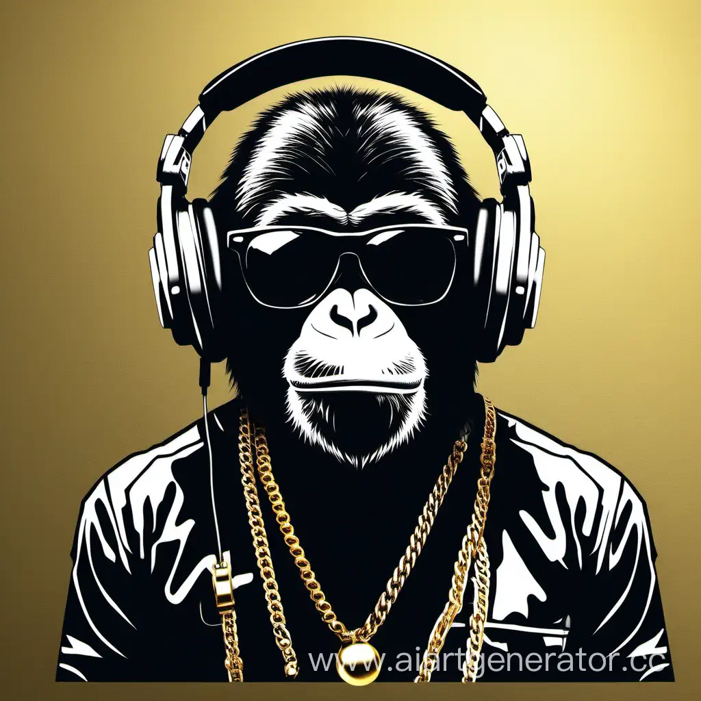 stencil art one color. hiphop monkey with the sunglassess, headphone, and golden necklace
