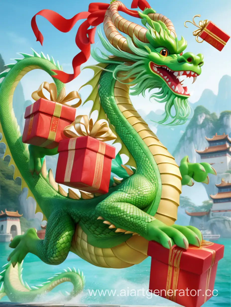 Graceful-Chinese-Green-Dragon-Diving-with-Gifts