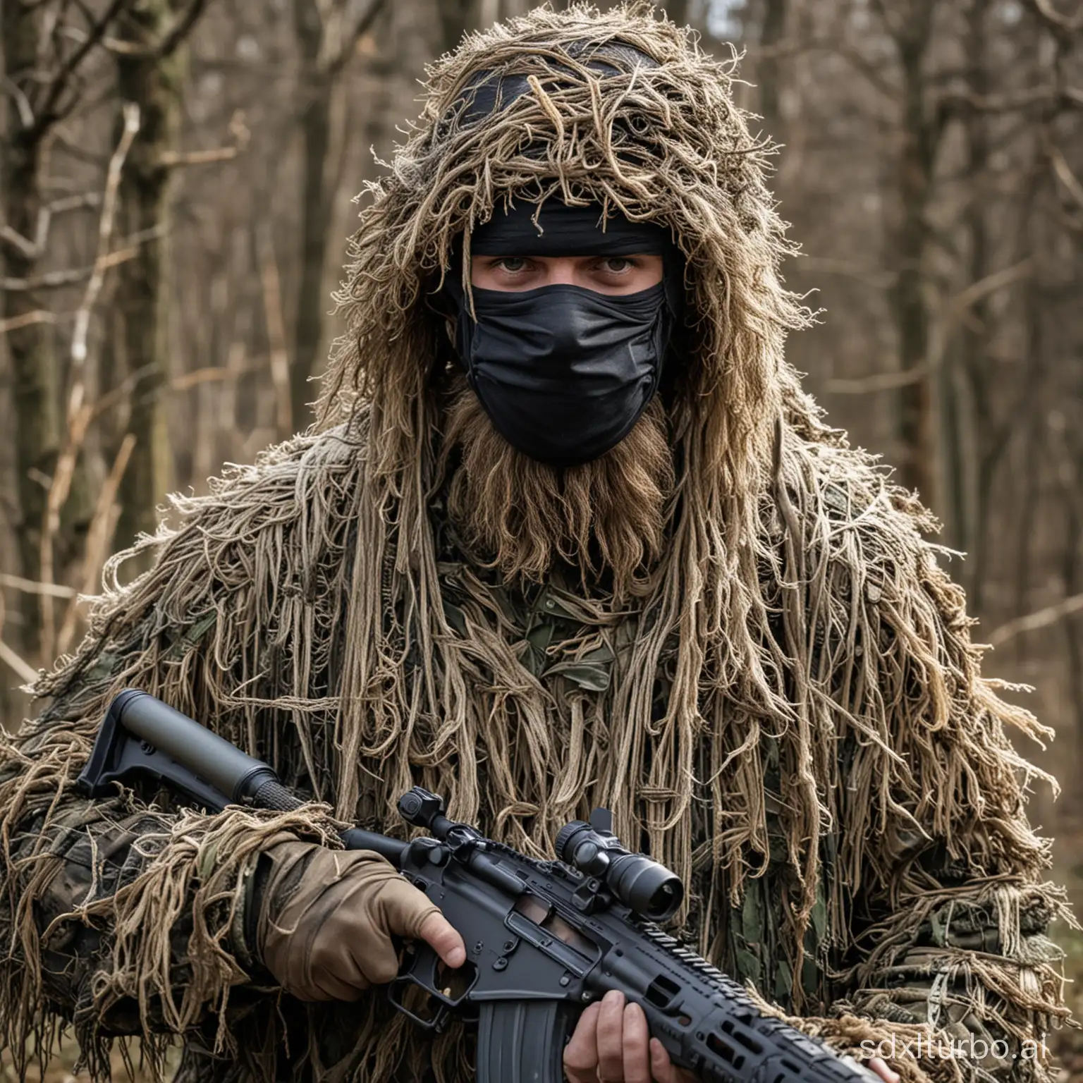 a  man in ghillie suit and face mask