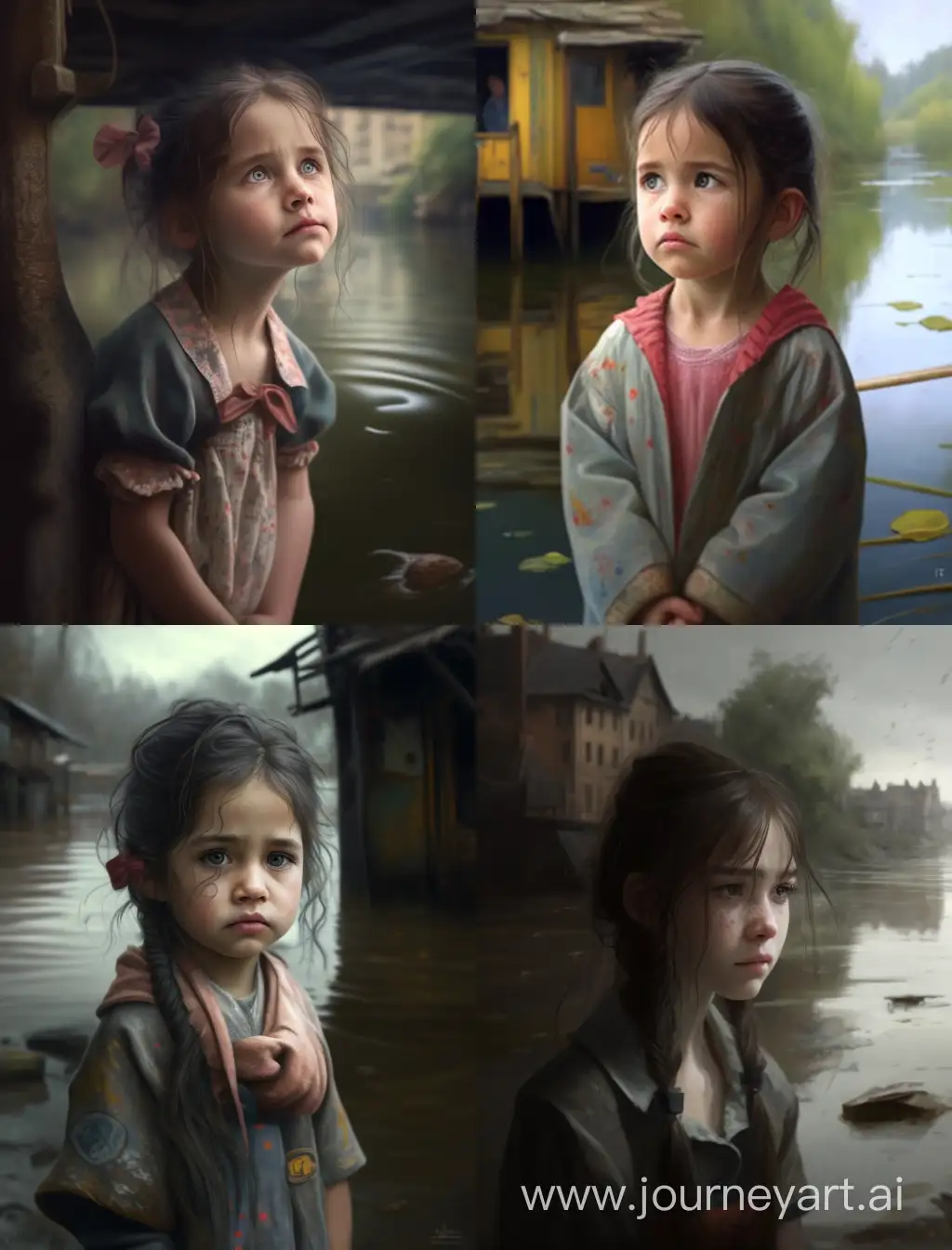 Adorable-Girl-Gazing-Sadly-at-Overflowing-River