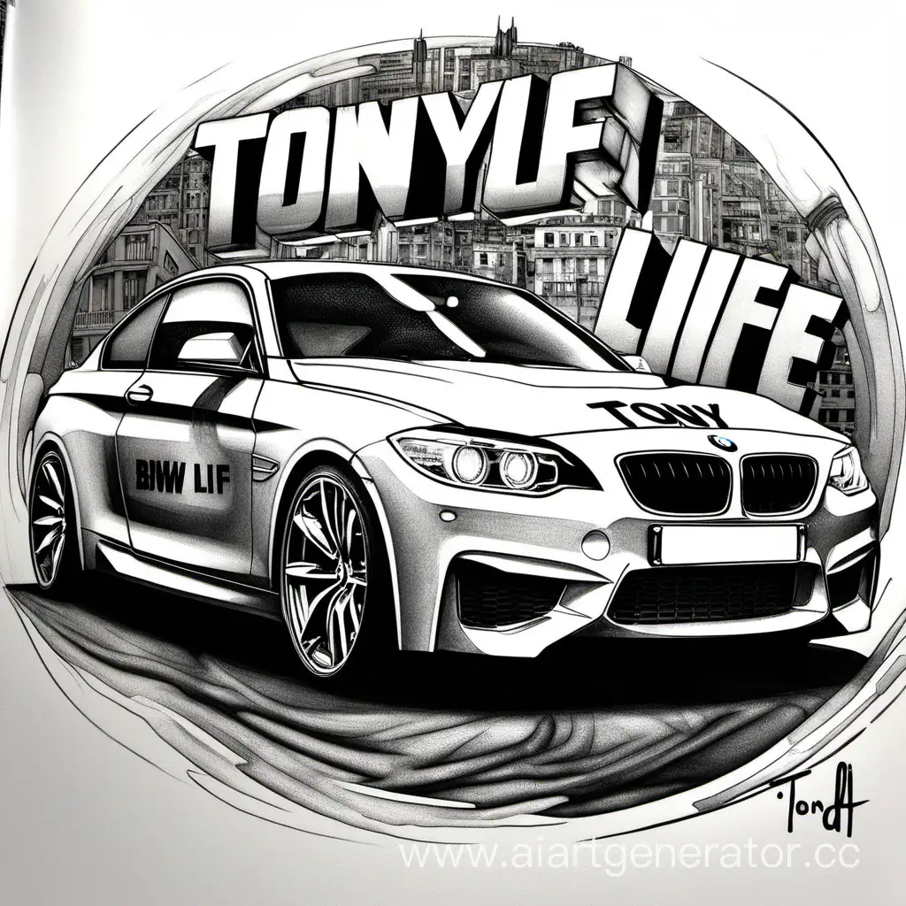 Нарисуй крутой арт с машиной BMW и надписью Tony Life