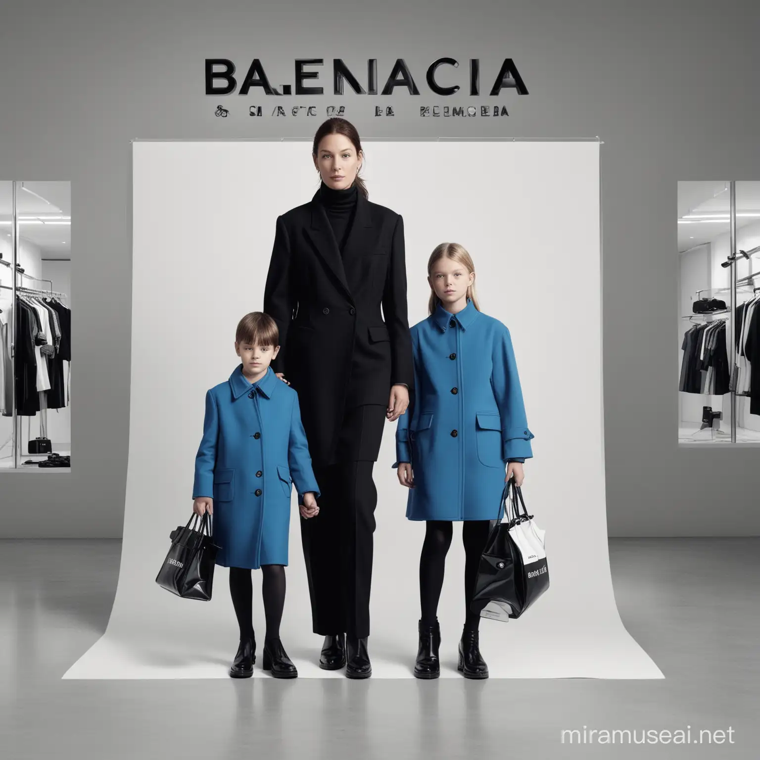Design an in-store advertising poster for the Balenciaga Family campaign. Showcase celebrity parents and their children wearing Balenciaga outfits, with the message 'Together for a Serene Future.' Incorporate the logos of Balenciaga and UNICEF to emphasize the partnership. Convey the brand's elegance, warmth, and philanthropic commitment, creating an inviting atmosphere for shoppers.