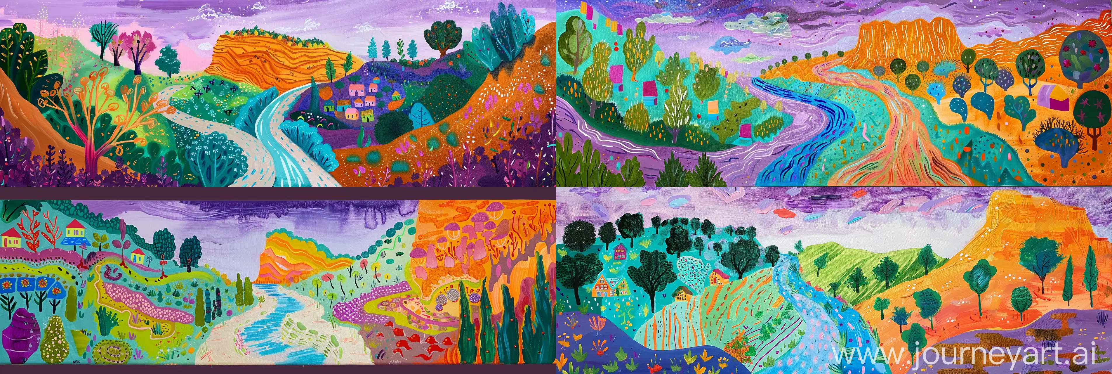 Create a vibrant and colorful painting inspired by the style of "Nichols Canyon" with the same set of colors. Imagine a landscape scene that is expressive and somewhat abstract, using bold and bright colors throughout. Picture a winding river or road as the focal point of the composition, surrounded by various forms of vegetation and trees. On one side of the river, include a steep green hill or cliff with trees or bushes, while the other side features a flatter landscape with small colorful buildings resembling a village. Incorporate a large, rounded hill or mountain in the background, painted in a warm orange hue. Use a mix of purple and blue for the sky, with white strokes to represent clouds. Experiment with patterns and textures to add depth and visual interest to the painting. Remember to maintain the whimsical and dream-like quality of the original artwork while infusing your own creativity and interpretation. Use acrylic paint on a canvas to capture the essence of the style and create a unique piece inspired by "Nichols Canyon." --ar 12:4