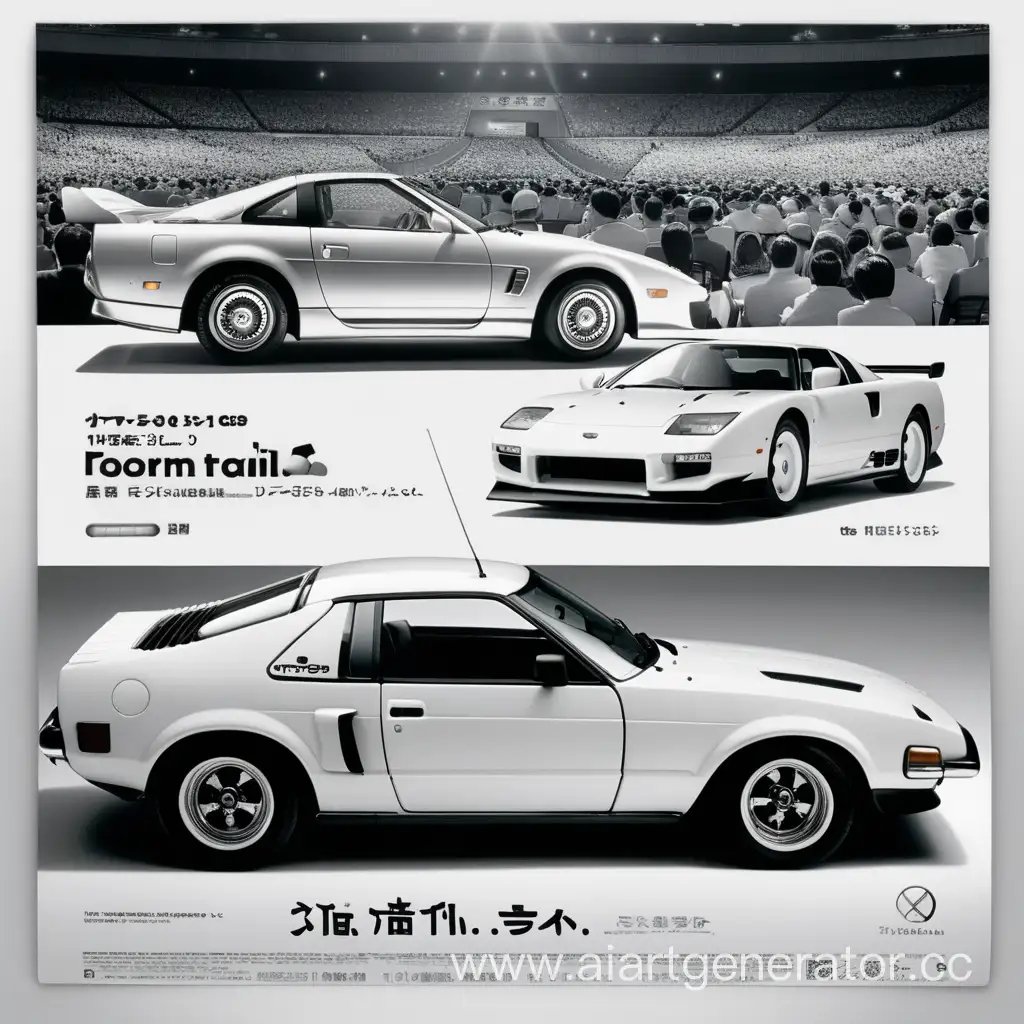 Рекламный баннер в белых тонах, на котором должно быть изображено два культовых японских автомобиля, направленных в сторону зрителя