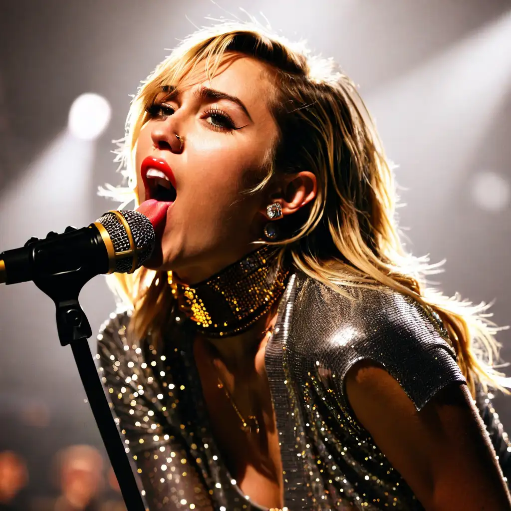 miley cyrus, elle lèche un micro, photographie, réaliste