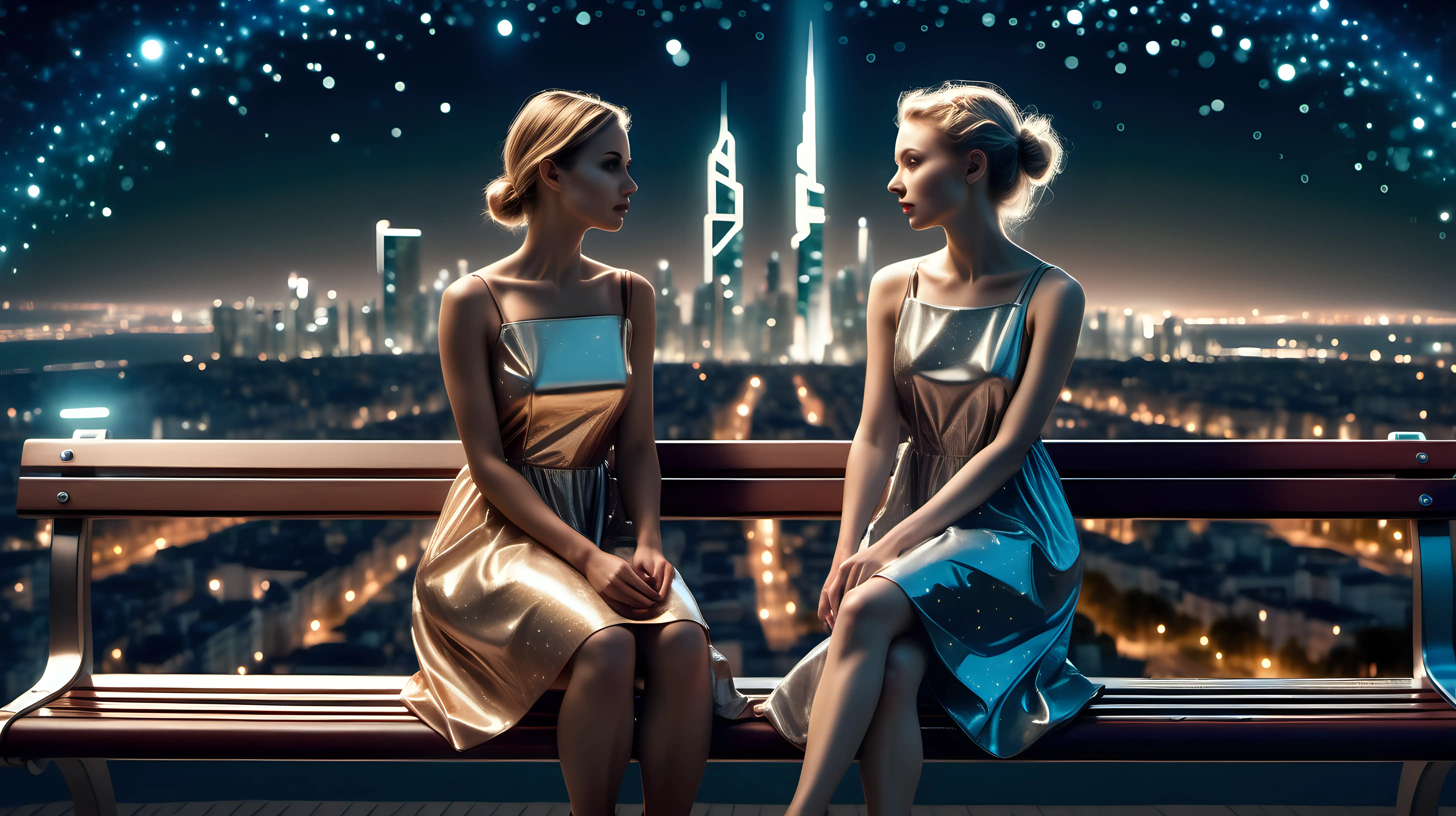 Elegant Evening Two Women in Summer Dresses Enjoying a Futuristic Cityscape