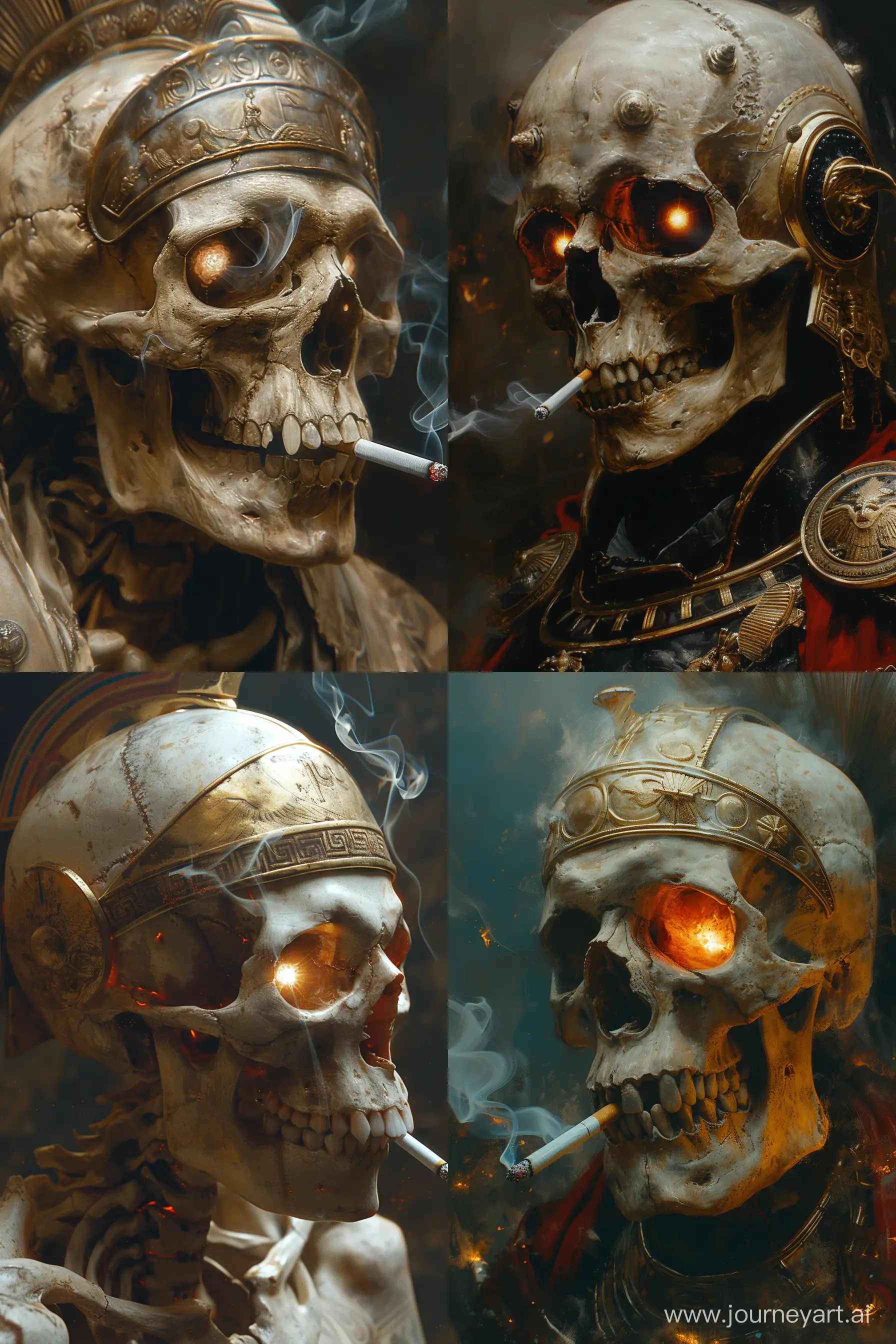 a portrait of the skull of a king with an Ancient Corinthian Helmet, glowing eyes, smoking a cigarette by Alec Monopoly --ar 2:3 --style raw --stylize 750 --v 6