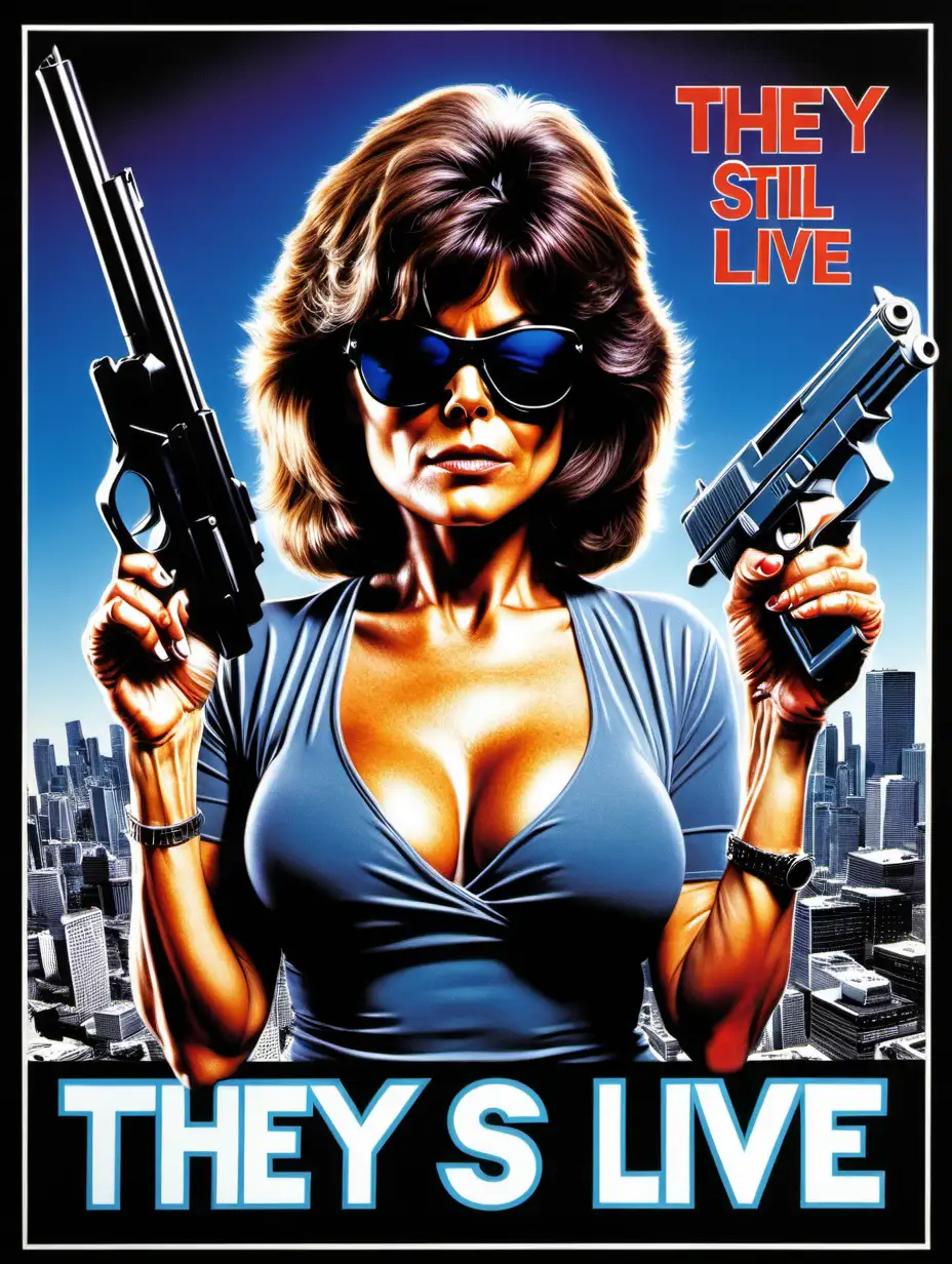 They Live sequel, movie poster, starring Busty Adrienne Barbeau holding gun, sunglasses, Highly Detailed, 90s Movie, Title: "They Still Live"