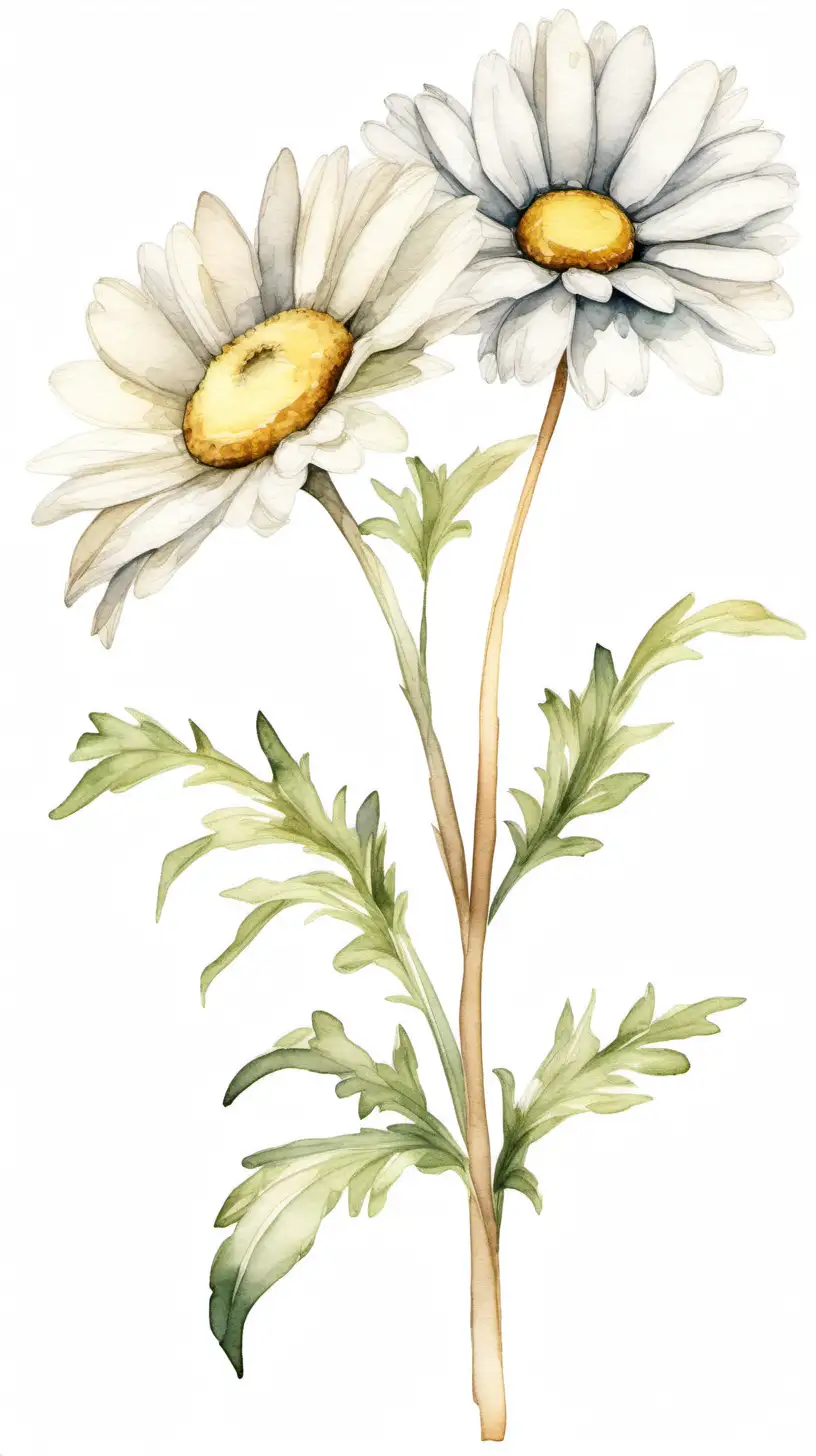 Neutral Watercolor clipart of Daisy in bloom, long stem, white background