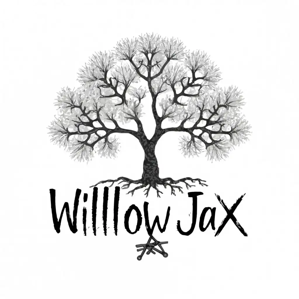 logo, create a black and white image with a real willow tree and the jacks from the retro game jacks scattered around the base, with the text "WillowJax", typography