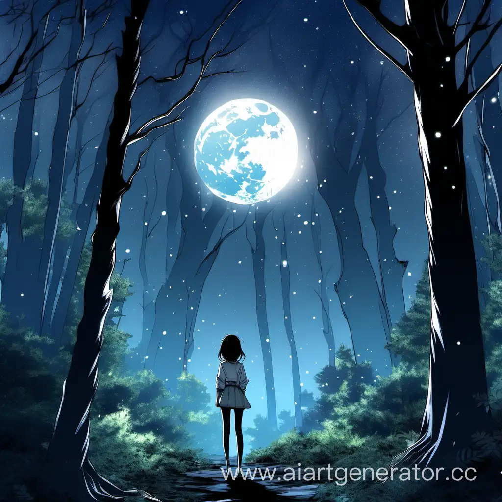 аниме девочка стоит в глухом лесу и смотрит на луну, лес в небольшом тумане