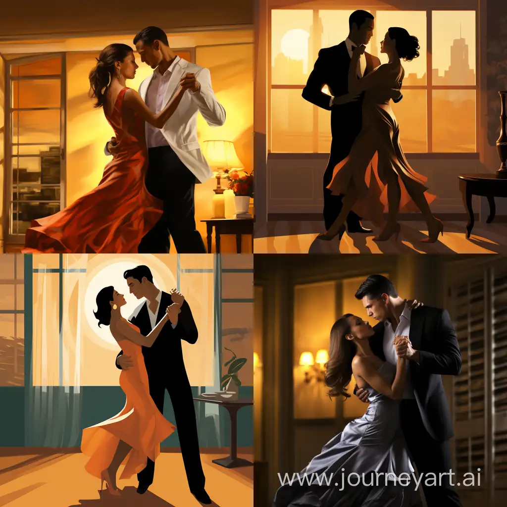 Generate an image set in a ballroom studio where a dedicated ballroom dance couple is passionately practicing their dance routine. The couple is elegantly dressed in practice wear, showcasing their skill and grace. They are engrossed in perfecting their movements on the dance floor.  In the scene, there is a modern computer nearby with a large display. The couple takes a break from their dance to search for the perfect music to enhance their routine. The computer screen shows a sleek interface with options for music selection. The atmosphere in the studio is filled with a mix of focus, dedication, and the joy of dance. , highlighting the connection between the dancers and their commitment to excellence. Ensure that the lighting complements the ambiance of a ballroom dance studio, and pay attention to the details of their dance attire and the technology interface on the computer screen.
