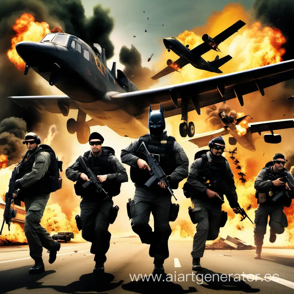 Группы быстрого реагирования , комманда из 5 человек, сзади самолёт и взрывы, спереди капитан в очках и берете с глоком, все остальные 4 с калашами в полной боевой экипировкой, на бронежилетах написанно "бэтмен"