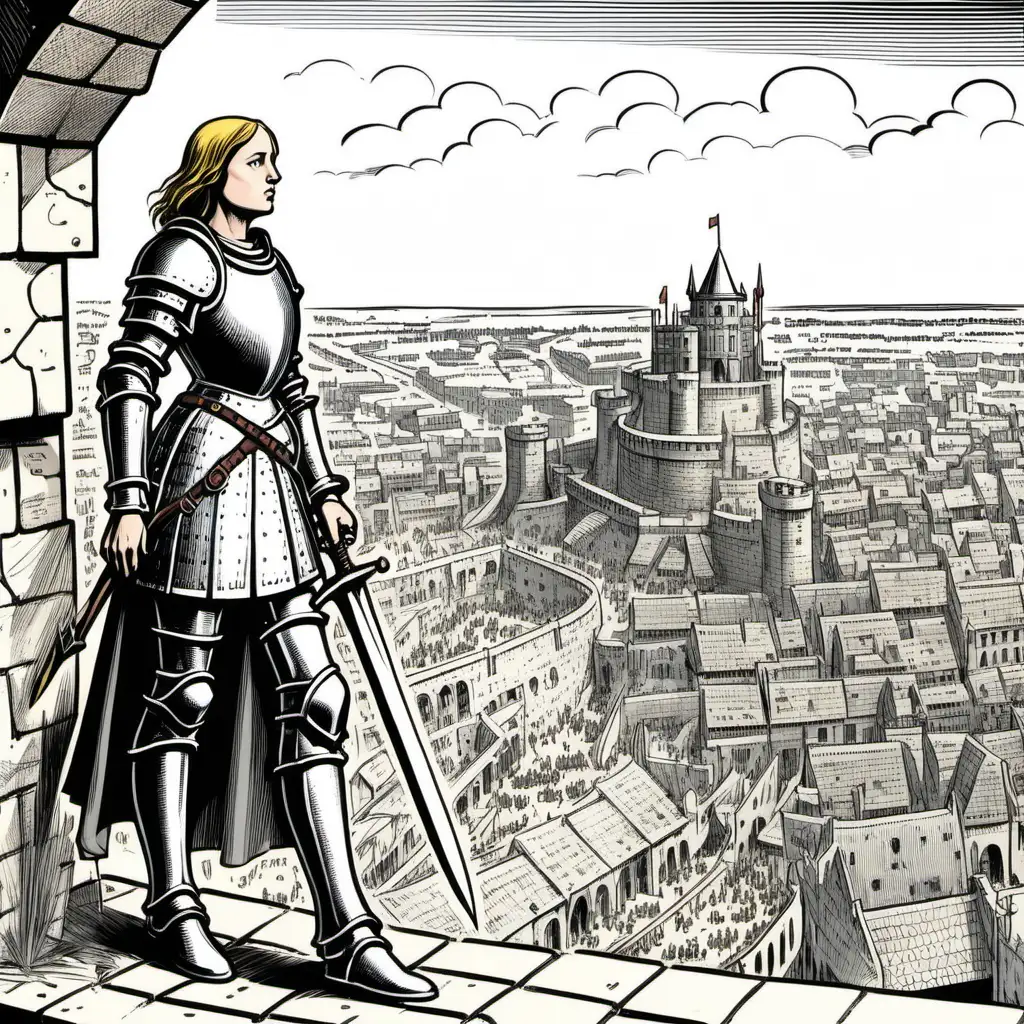 Vignette de bande dessinée : jehanne d'arc au siège d'Orléans. Femme en armure sous les remparts ed la ville