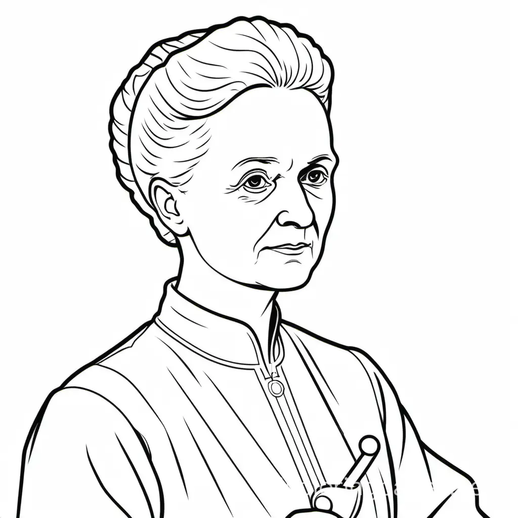 Marie Curie , Coloring Page, black and white, line art, white background, Simplicity, Ample White Space. The background of the coloring page is plain white to make it easy for young children to color within the lines. The outlines of all the subjects are easy to distinguish, making it simple for kids to color without too much difficulty