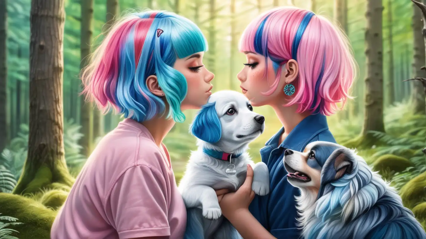 Woman with Pink and Blue Hair Surrounded by Diverse Dogs in Enchanted Forest