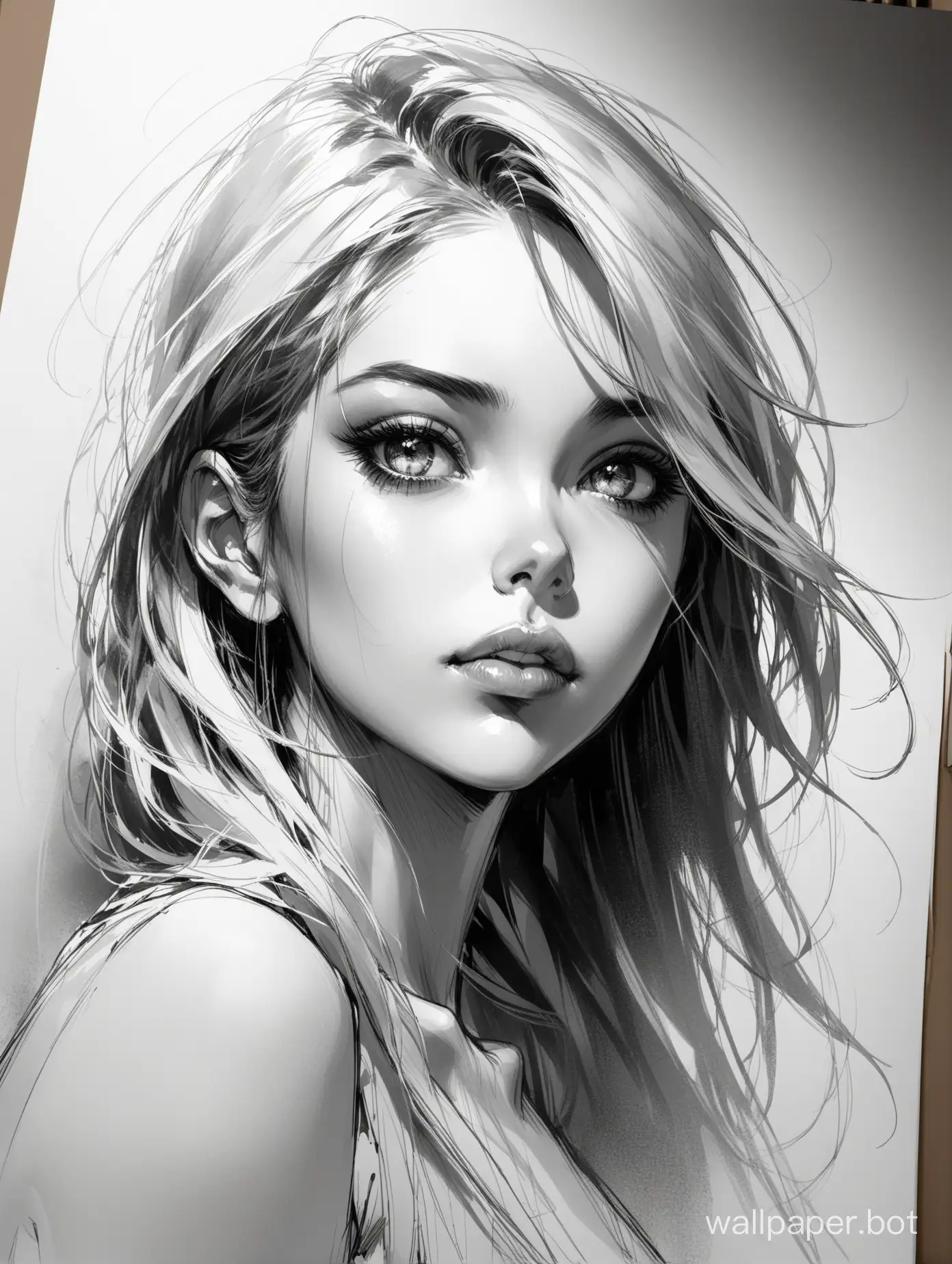image of a girl in the style of Russ Mills, Mikhail and Inessa Garmash, large expressive eyes, full lips, clear skin, proportional face, graceful turn and bend of the neck, disheveled hair, bold expressive strokes to convey movement and emotion, realism and abstract elements, limited color palette, light pencil sketch, perfection, savage, concept art, Greg Rutkowski, smooth, sharp focus, correct anatomy, high detail