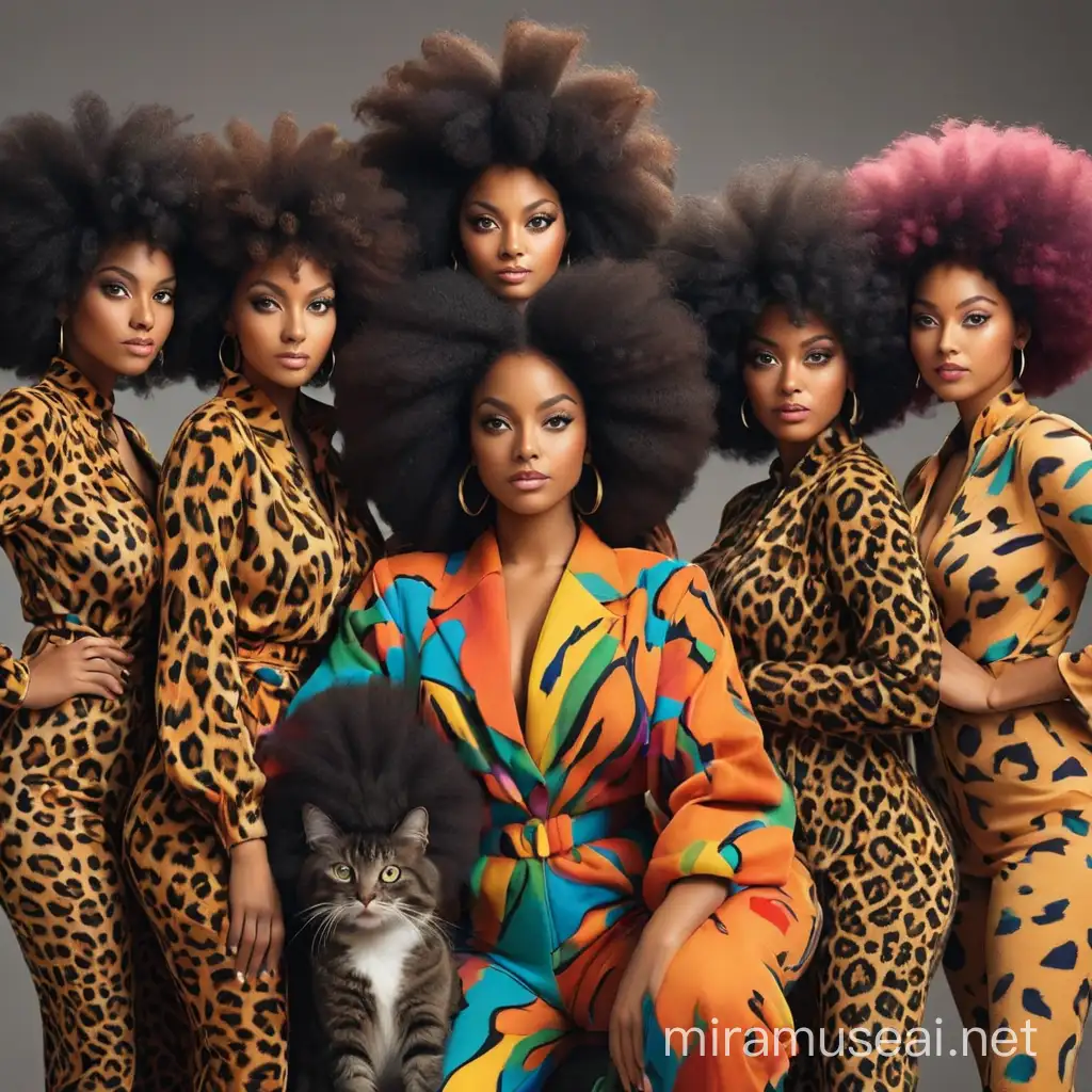 multiple black women, big afros, multiple colors, colorful cat suits