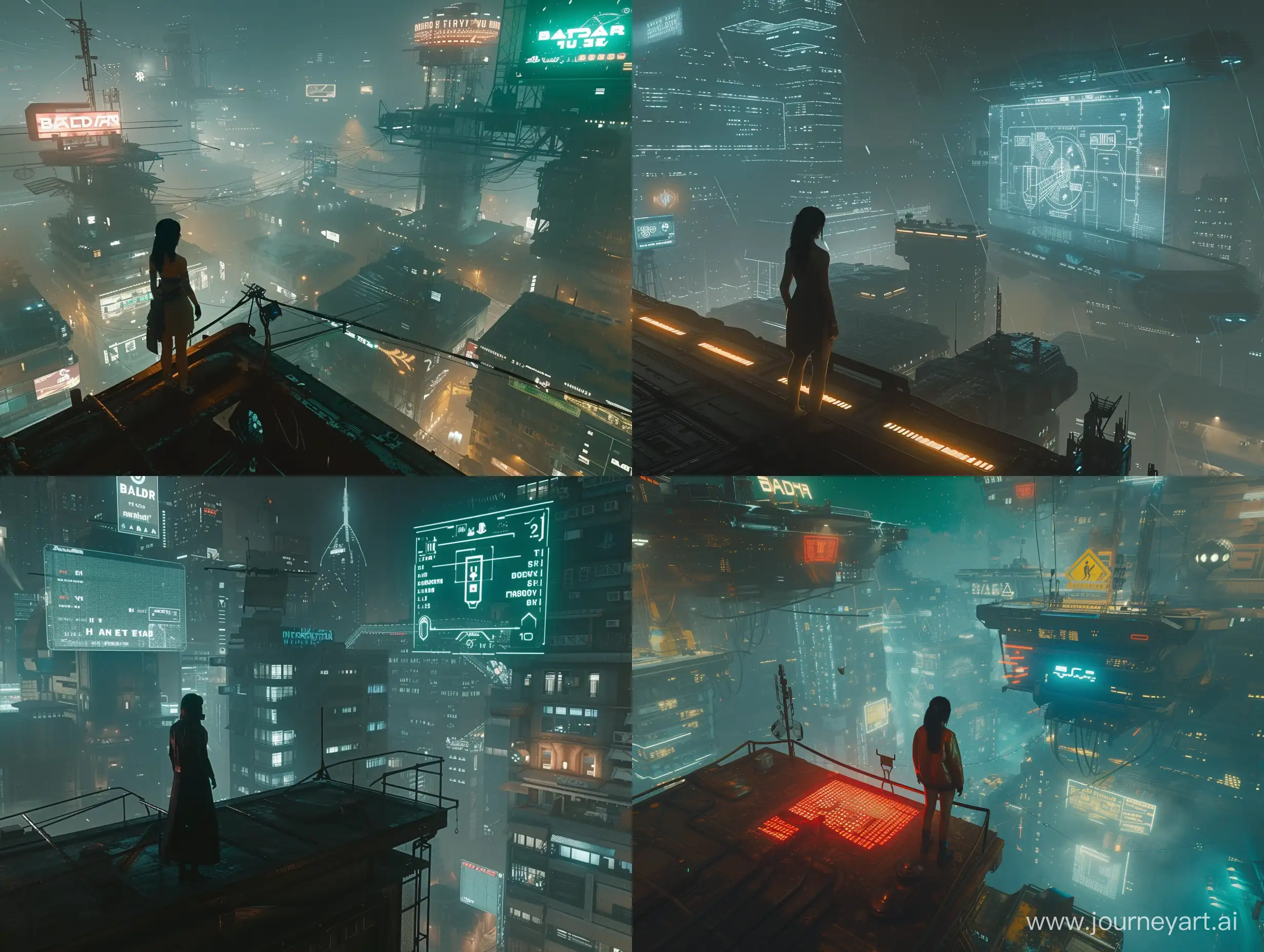 "Blade Runner" is a third-person video game that enables players to navigate a futuristic city featuring advanced ray tracing effects. This specific edition of the game is designed for the PS5 console and includes traditional HUD elements such as the Health Bar, Map, and a female character standing on the rooftop.