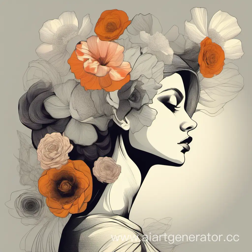 Портрет красивой девушки в профиль  авангард с большими цветами