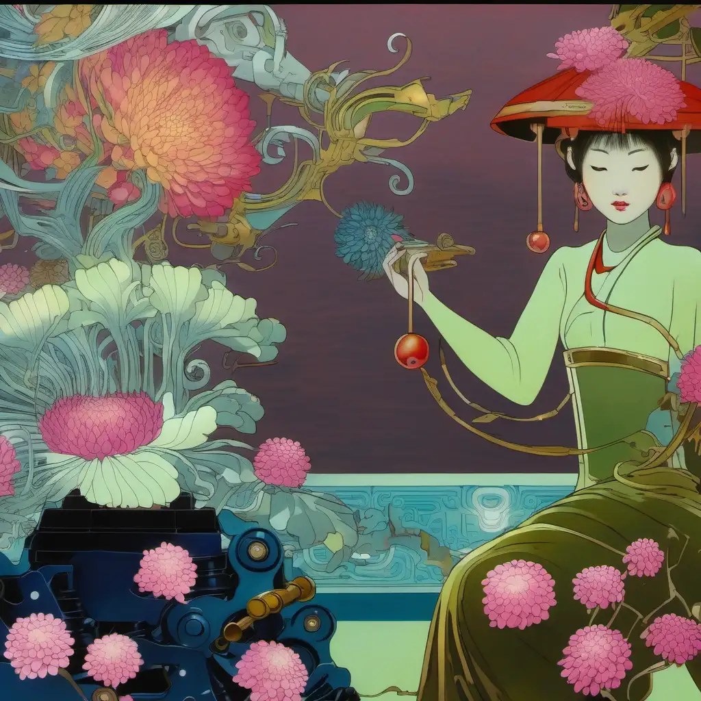 Mechanical asian woman, mechanical face, fantasy dream, mechanical chrysanthemums, fruit 