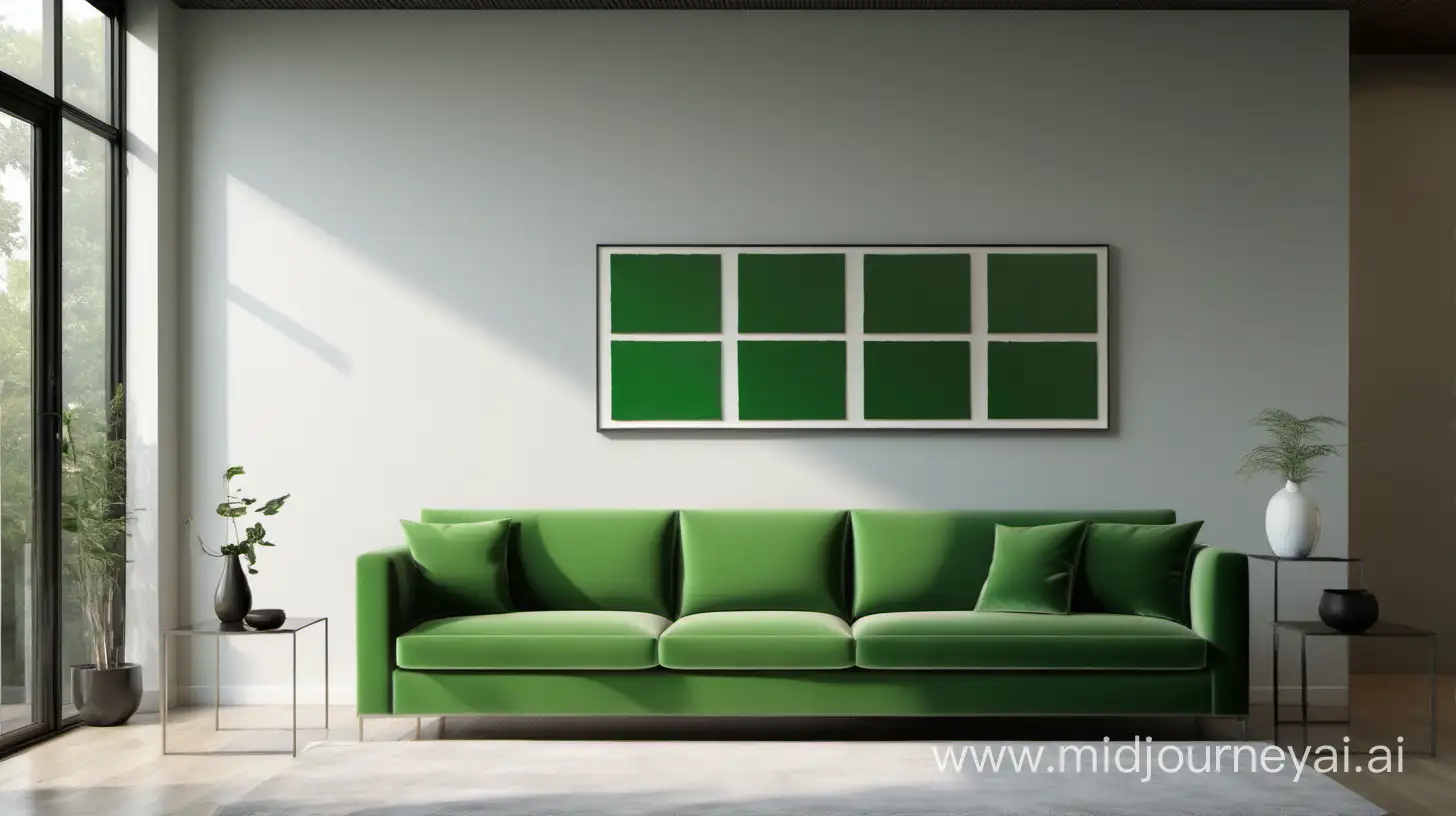 绿色沙发在现代感的屋子里，墙上有五幅画
