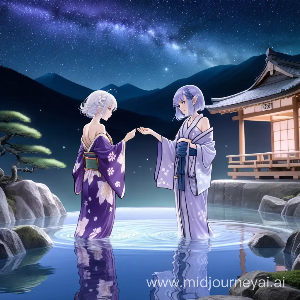 Starry Night Bathing Ethereal Elf and Vibrant Human Women in Transparent Kimonos