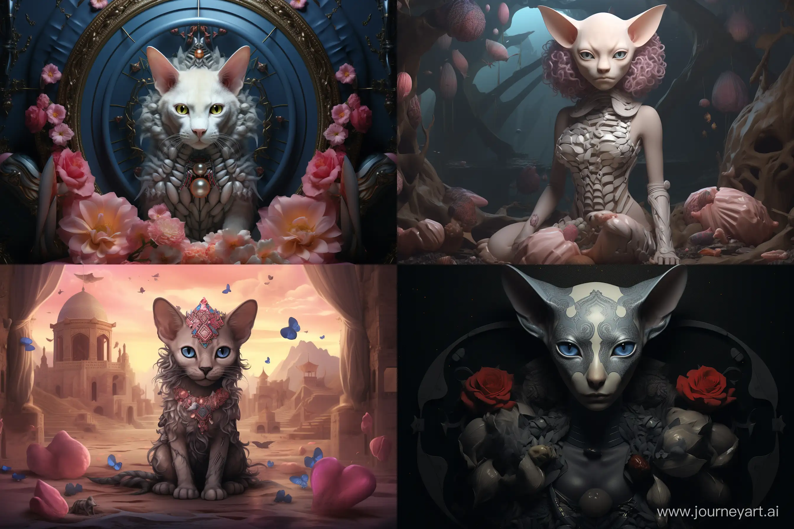 Surrealism: Represents an illustration of a dreamlike and surreal Sphynx kitten with unexpected elements. --ar 3:2