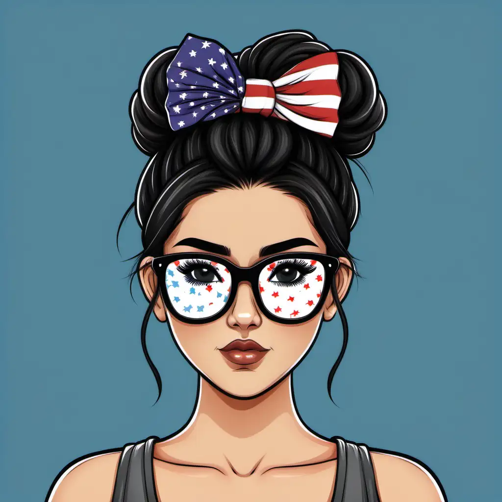 Woman messy bun hairstyle with american flag headband and glasses vector, with black hair 