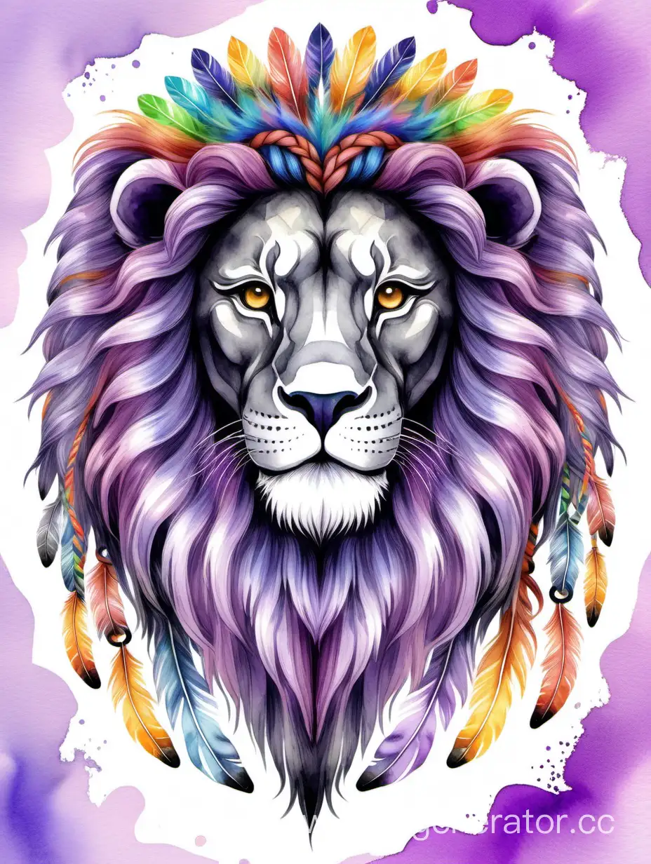 Чёрно-белая голова льва с разноцветными косичками и перьями в гривне, с цветными потоками акварели на лиловом фоне 